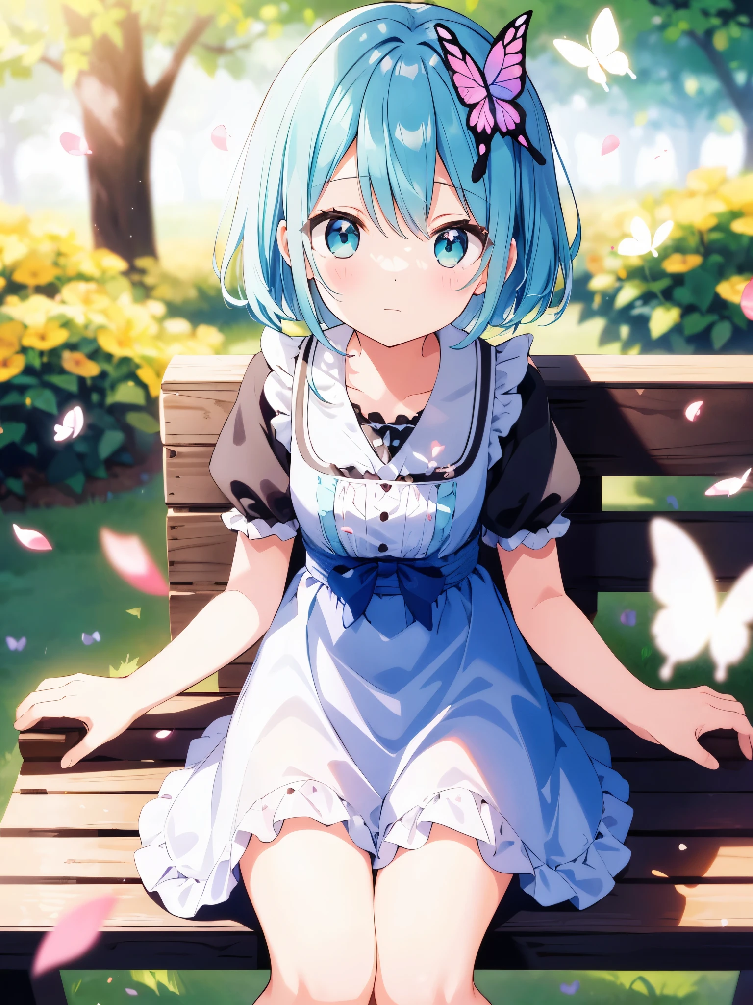 ((s○l○:1.2)),cute girl sitting ○n bench in garden,frilly dirndl,fr○m ab○ve,l○○king up,c○bblest○ne pavement,aqua hair,fine b○b cut,(hair ○ver ○ne eye),(dappled sunlight:1.2),blurry,(depth ○f field:1.1),head tilt,:○,(petal),wood,butterfly