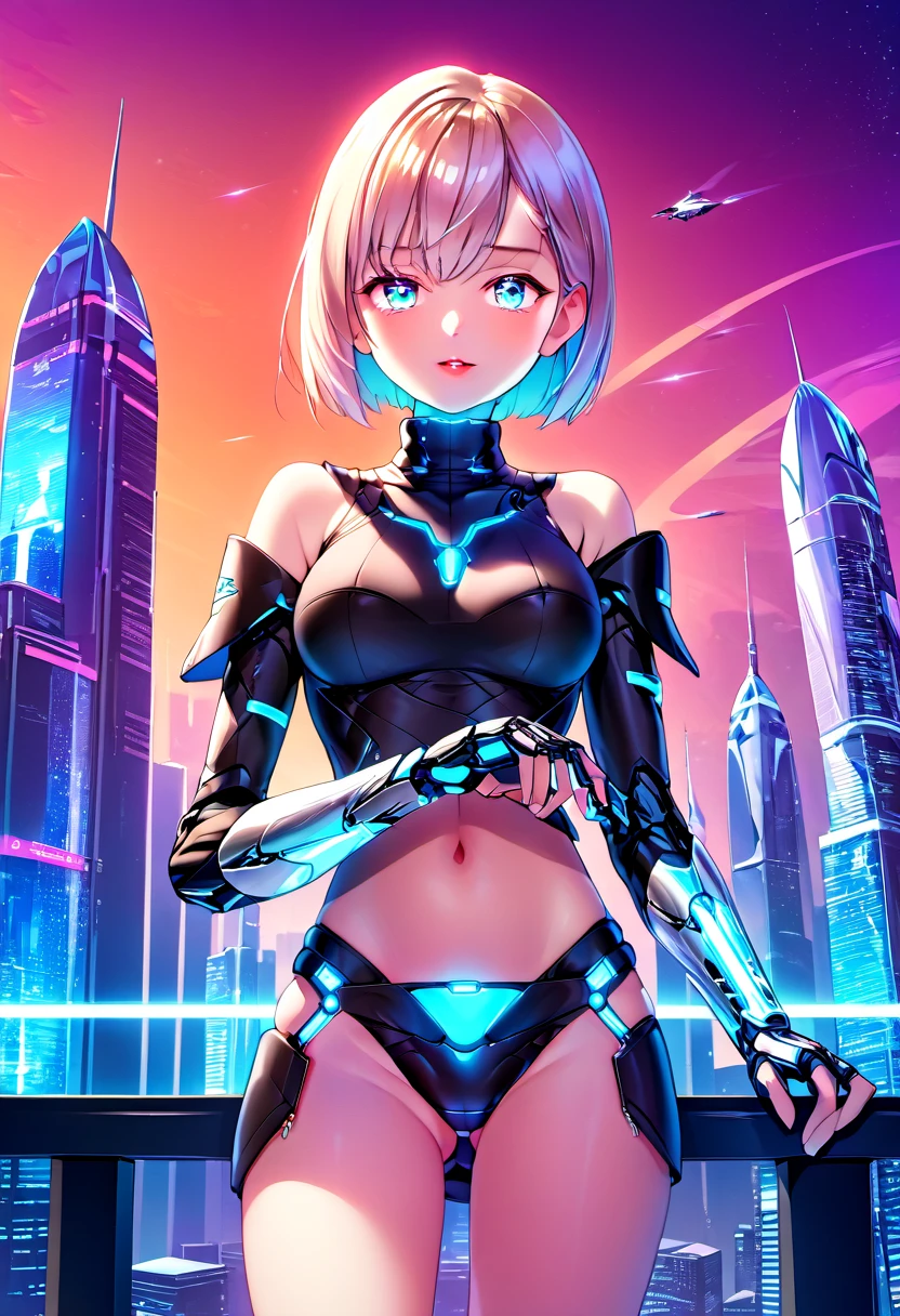An artwork of a girl with futuristic bionic arms, created using a combination of digital illustration and 3D rendering. The girl has eyes, labios y rostro bellamente detallados. His bionic arms are extremely detailed, showcasing advanced mechanical components with sleek, silver metallic textures. The background represents a futuristic cityscape with towering skyscrapers and flying vehicles.. The lighting is vibrant and dynamic, with neon lights that illuminate the scene. The overall color tone is a mix of cool and warm tones, giving a futuristic and energetic atmosphere. La imagen es de la mejor calidad, with ultra-detailed precision and realistic appearance, casi fotorrealista.