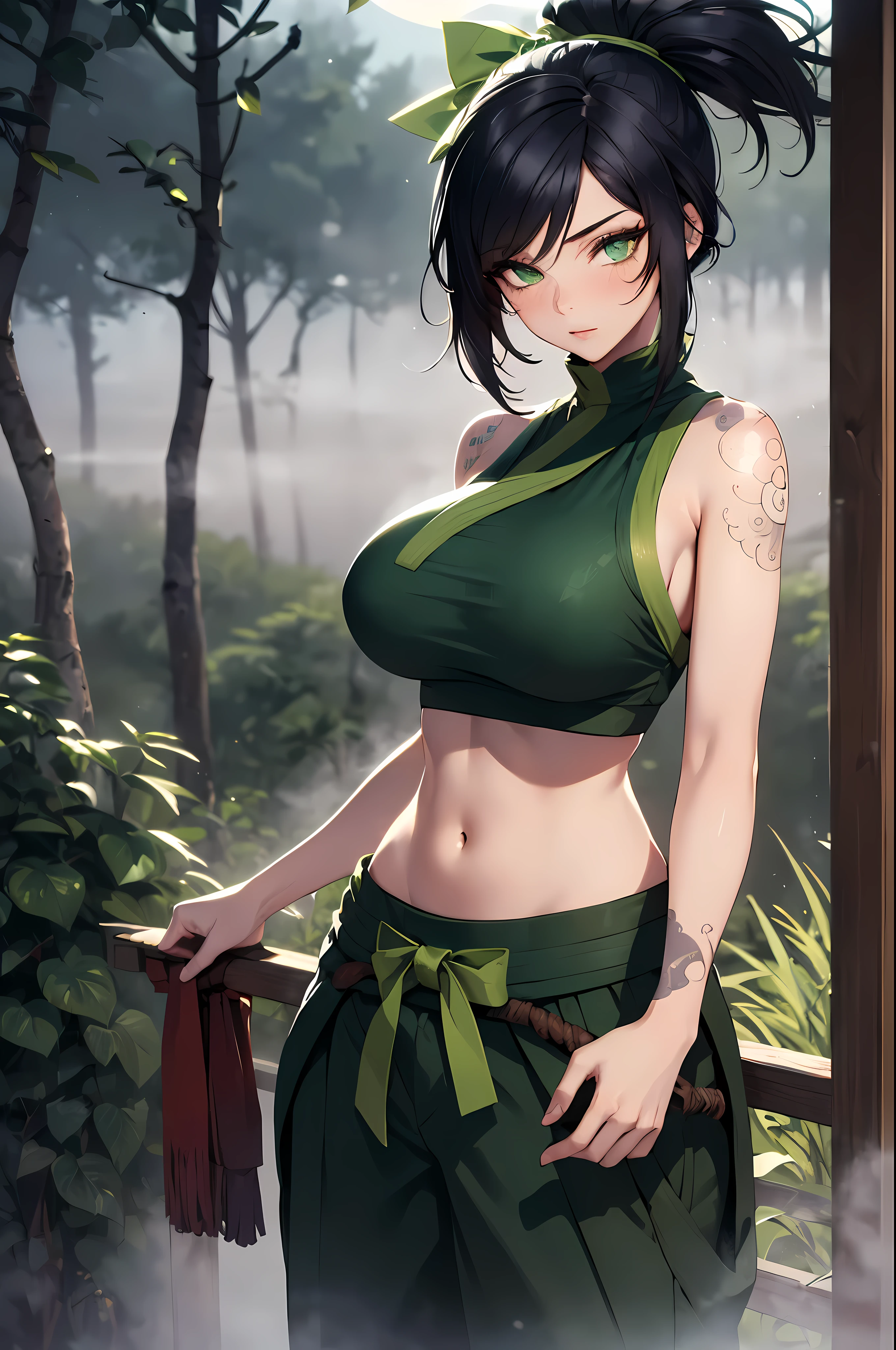 (masterpiece, best quality:1.2), intricate details, (Akali), 1 woman, (green crop top), pants, hair ribbon, bare shoulders, ponytail, (Tattoo), (black hair, sexy중년여성) , (big bust:1.2) , (wide hips, sexy:1.2) , (forest) ,(Kunoichi) , (cloudy:1.4) , (night:1.2) ,(dark), (green eyes:1.2) , ( a look:1.4) 