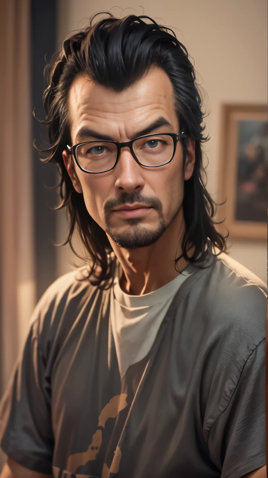 ((HD photo)), masterpiece, best quality, Hyper realistic, hires:1.4, 8k, selfie, a thin man / Steven seagal / 30 years old, looking at camera, skinny, underweight, messy hair, nerd glasses, band t shirt, greasy, skinny jeans, dark bedroom, poorly lit, incel, anime nerd, neckbeard, geek, dork