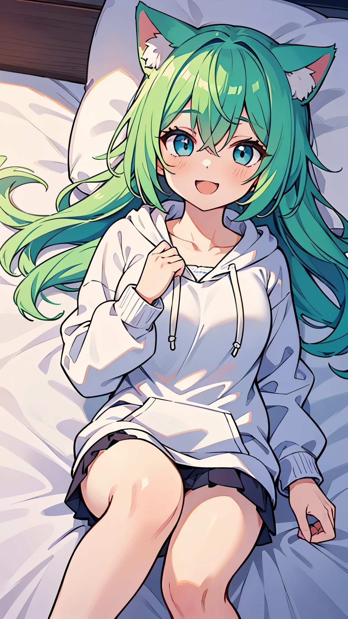 ((A Pretty girl with green hair and blue eyes lying on the bed)), ((wearing white hoodie)), ((cat ears)), Baby face, ((master piece, top-quality, ultra-definition, high resolution)), anime girl, ((ultra-detailed illust:1.2)), only one person, bangs, hair between eye, beautiful hair, Shiny eyes, Medium breasts, thighs, Big smile, opened mouth, in the bedroom