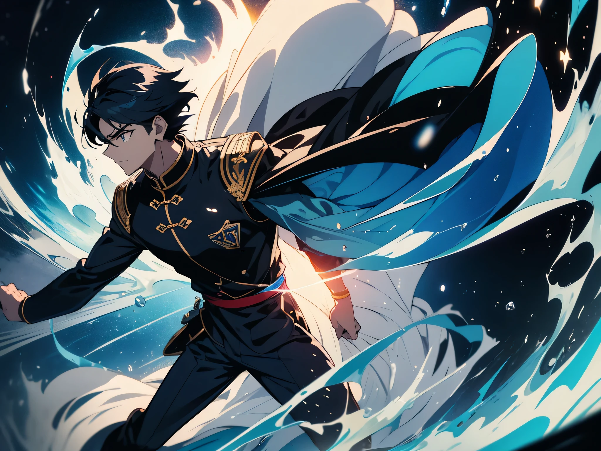 (((masterpiece、highest quality))),(Kamehameha)16k,(ung man,black hair,brave look),(expensive、cool boy)、(shining eyes)、(Spread your feet shoulder-width apart、lower part'deep waist、Throw your hands forward while shouting、Fires a blue energy bullet)、(The area around the young man is filled with blue energy..)、 shape, Earth, Wind,space,,(chinese combat uniform)、(Blue effect)、action、beautiful anime
