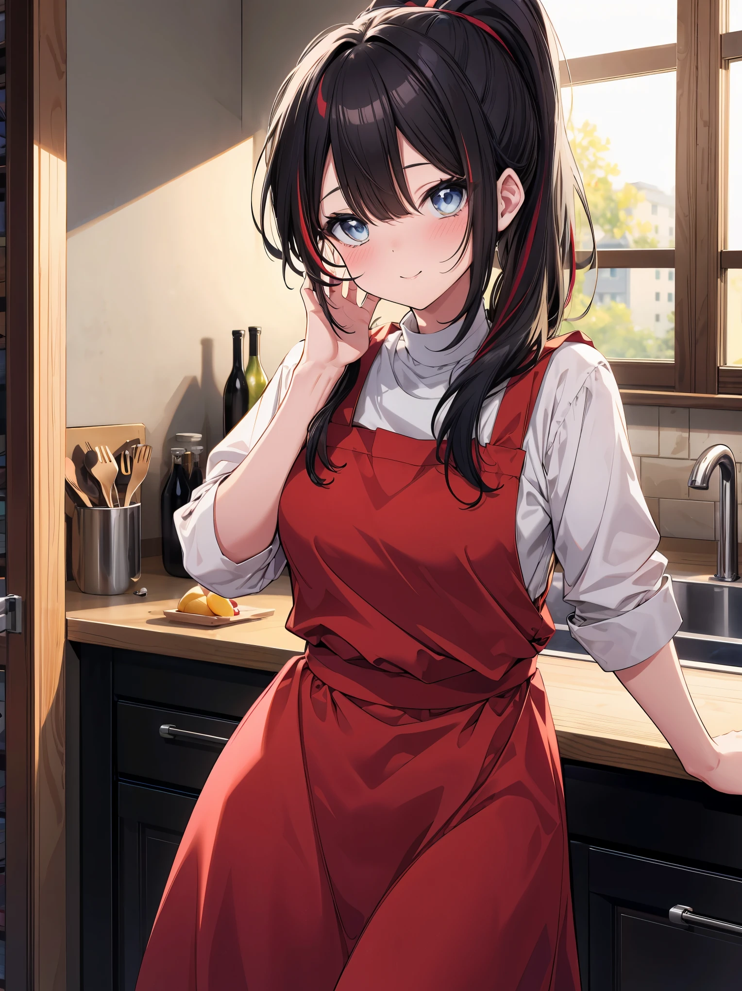 (cowboy shot), (best quality, ultra-high resolution, depth of field:1.2), housewife, solo, adult, 1woman, mature woman, toned body, medium breasts, wide hips, black hair, streaked hair, long hair, bangs, ponytail, upturned eyes, bright eyes, (wearing casual and comfy clothes), apron, house kitchen scenery, gentle smile, (blushing:1.2), looking at viewer