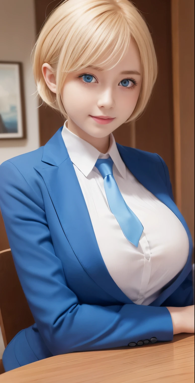 (8K, RAW Photos, Highest quality, masterpiece:1.2), Super detailed, Ultra-high resolution, (Realistic, Photorealistic:1.37), High-definition RAW color photos, Professional photos, Very delicate and beautiful, Very detailed, 8k wallpaper, (Beautiful and detailed eyes)、(Beautifully detailed face),Anatomically correct body shape, Professional Lighting,From Above,Close Up, one person,woman、Japanese、Age 35, Blonde Hair,short Hair、 (A shy smile:1.3), Fine and beautiful skin、Skin Texture、 (Slim waist:1.2)、(E cup bust:1.21), (secretary,Blue,Long sleeve,suits:1.3),(mini skirt:1.25), (Emphasize the cleavage:1.1),standing, Sharp focus、The background is a real company