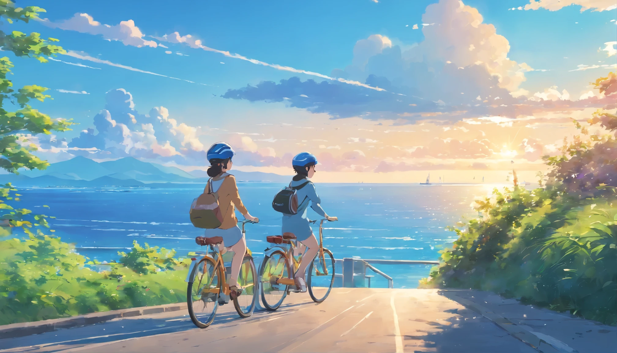 (masterpiece:1.1), (highest quality:1.1),In a wonderful view of the blue sky and sea、A group of people wearing helmets enjoying cycling