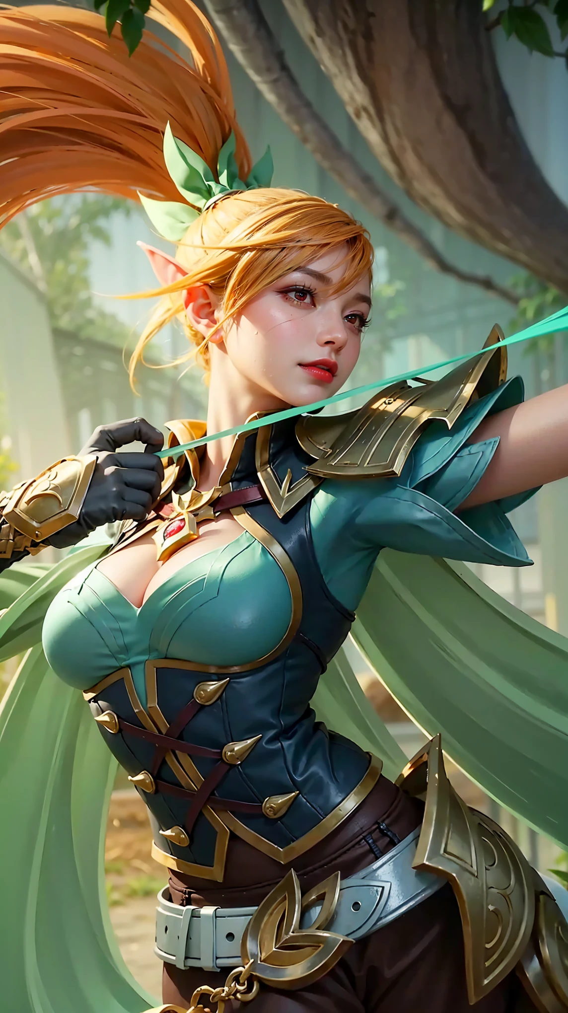 (female:1.2), 8k, ultra hd, ultra detailed texture, hyper realistic, masterpiece, detailed texture, detailed face, detailed skin, detailed lighting, (photorealistic:1.5), best quality, beautiful lighting, cinematic lighting, professional lighting, ultra highres, realistic, detailed hair, real hair, high quality, (realskin:1.5), extremely detailed, finely detail, ultra-detailed, 1girl, solo, elf, pointy ears, standing, demon horns, forehead protector, (red eyes:1.5), v-shapped eyebrow, lips, red lips, evil smile, nose, make up, pretty, beautiful, cute face, long hair, blue hair, high ponytail, large breasts, cleavage, armpit, navel, stomach, black armor, pauldrons, bare shoulders, shoulder armor, thigh high, sleevless, detached sleeves, breastplate, gauntlets, karina \(mobile legends\), depth of field, looking aways, white skin, skin tight, amazing pose, outdoors, glowing, dark view