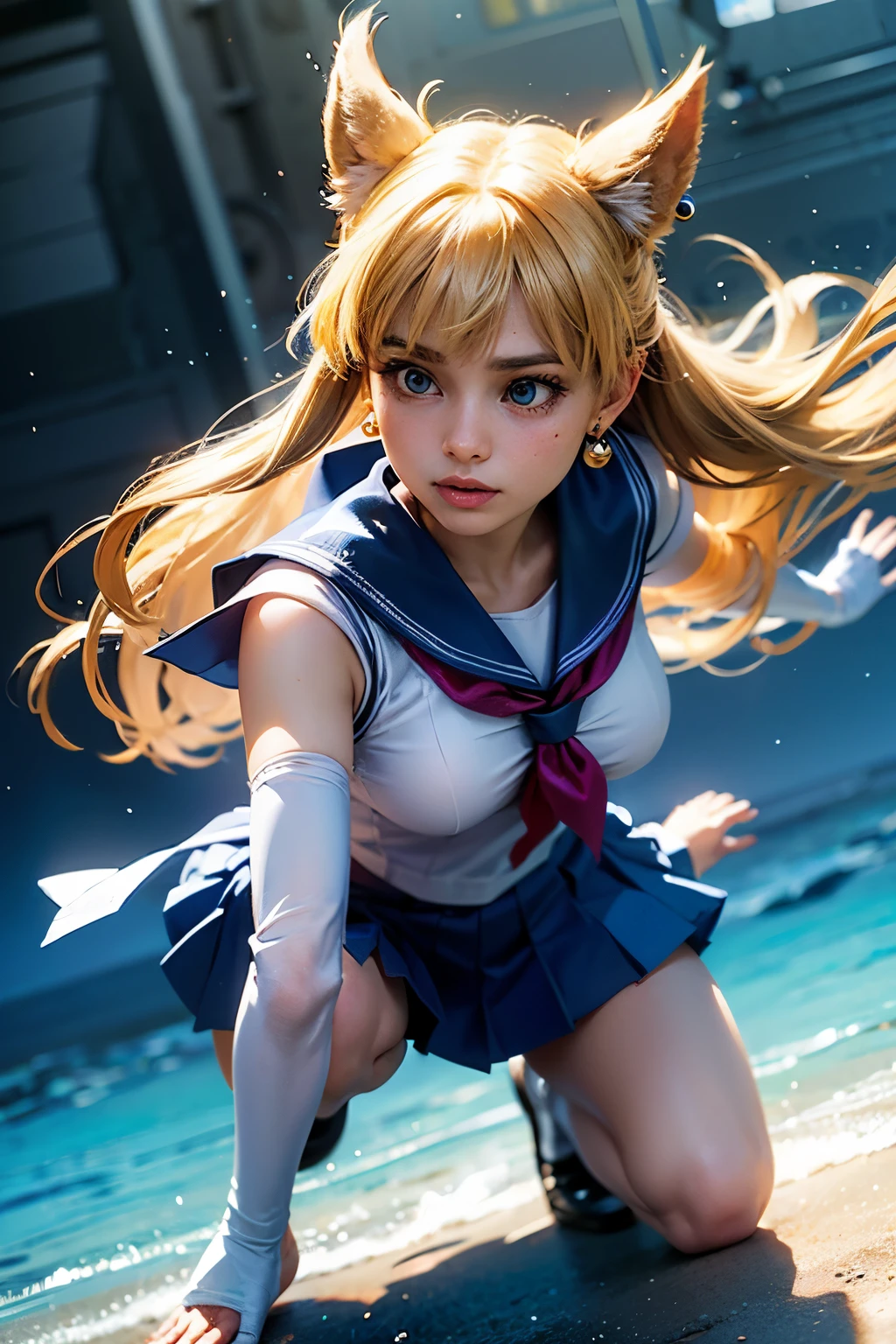 Close up, 1 girl, sailor, Tsukino Usagi, (sailor chiseki uniform:1.2), (aqua eyes:0.9), blonde hair, medium hair, wedge skirt, best quality, earrings, masterpiece, high resolution, intricate details, (realistic)), photography, (white elbow gloves:1.1), jewelry, medium breasts, full body, dynamic background, dynamic pose, white