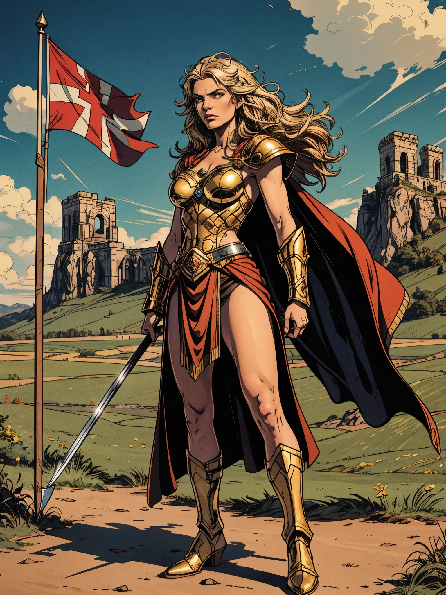 freyja diosa vikinga con armadura vikinga, detailed eyes and face, long blonde hair flowing in the wind, fierce and determined expression, holding a spear, standing on a hill overlooking her army. The armor is made of shining silver and adorned with intricate engravings. The landscape is a vast battlefield with rolling green hills and a cloudy sky. In the distance, her army can be seen, marching in perfect formation, with flags and shields held high. The atmosphere is tense, yet filled with bravery and determination. The colors are vibrant and bold, with a mix of earthy tones and flashes of gold and red. The lighting is dramatic, casting long shadows on the ground and illuminating Freyja's face with a soft golden glow. The overall quality of the image is of the highest level, with ultra-detailed textures and a photorealistic rendering.
