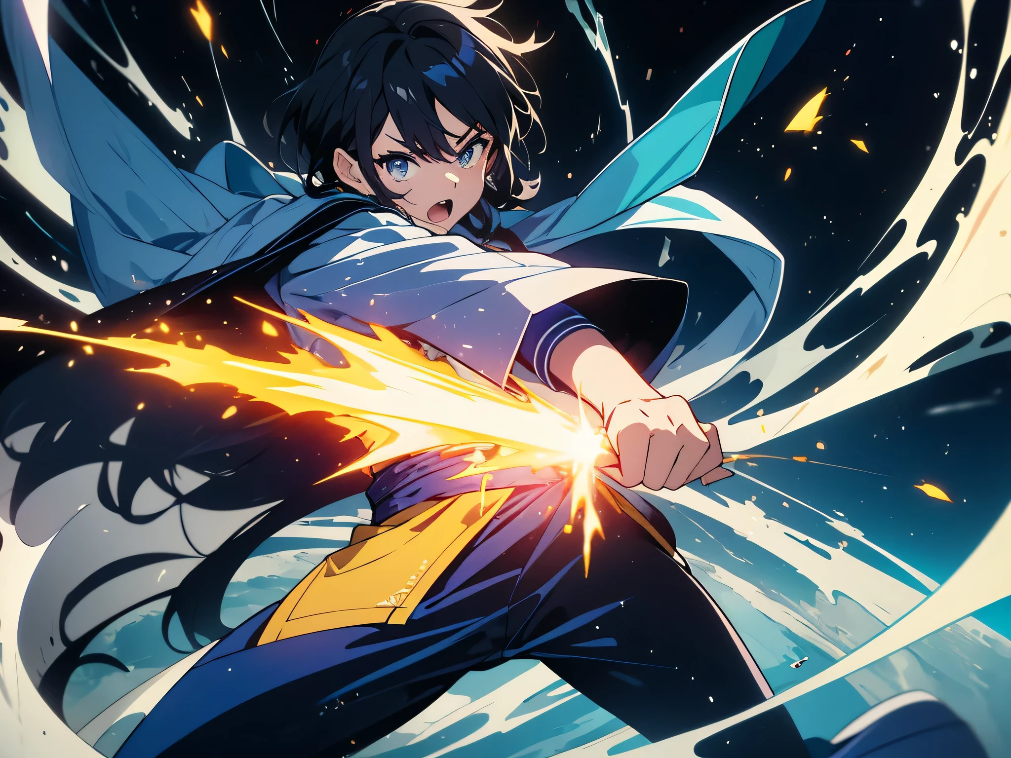 (((masterpiece、highest quality))),(Kamehameha)16k,(1 young man,black hair,brave look),(expensive、cool boy)、(shining eyes)、(Spread your feet shoulder-width apart、lower part'deep waist、Throw your hands forward while shouting、Fires a blue energy bullet while shouting..)、(The area around the young man is filled with blue energy..)、 shape, Earth, Wind,space,,(chinese combat uniform)、(Blue effect)、action、beautiful anime
