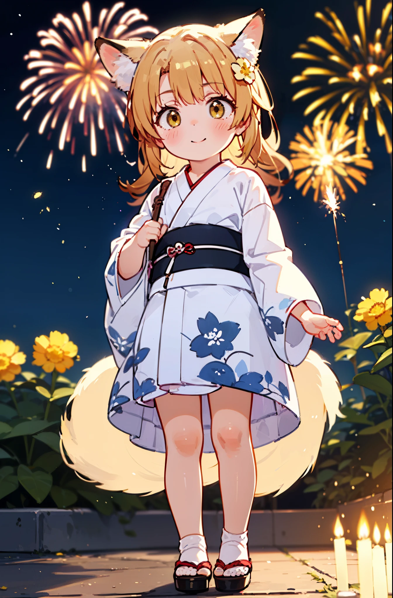 irohaisshiki, Isshiki Iroha, long hair, brown hair, (brown eyes:1.5), smile,animal ears　fox ears,animal caudal fin　fox tail,flower hair ornament,Yukata with yellow floral pattern,long skirt,Zori sandals,firework in the night sky,firework,The place is a firework display,Time is night,sunny day,So that the whole body is included in the illustration,
break outdoors, 神社
break looking at viewer,
break (masterpiece:1.2), highest quality, High resolution, unity 8k wallpaper, (figure:0.8), (beautiful deしっぽed eyes:1.6), extremely deしっぽed face, perfect lighting, extremely deしっぽed CG, (perfect hands, perfect anatomy),