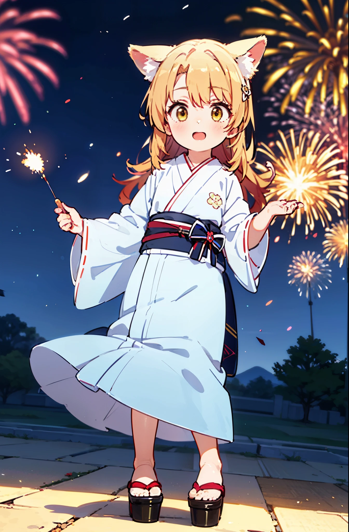 irohaisshiki, Isshiki Iroha, long hair, brown hair, (brown eyes:1.5), smile,animal ears　fox ears,animal caudal fin　fox tail,flower hair ornament,Yukata with yellow floral pattern,long skirt,Zori sandals,firework in the night sky,firework,The place is a firework display,Time is night,sunny day,So that the whole body is included in the illustration,
break outdoors, 神社
break looking at viewer,
break (masterpiece:1.2), highest quality, High resolution, unity 8k wallpaper, (figure:0.8), (beautiful deしっぽed eyes:1.6), extremely deしっぽed face, perfect lighting, extremely deしっぽed CG, (perfect hands, perfect ???????),
