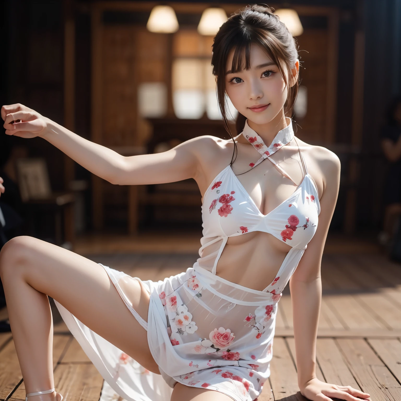 ((masterpiece、highest quality))、shape、Super detailed、8k、realistic、sharp focus、very detailed、colorful details、detailed texture、perfect style、erotic body、Full body Esbian、bow、shading details、(A peerless beautiful girl:1.4)、(Wearing an attractive translucent Chinese dress with a beautiful floral slit:1.45)、(open your legs and dance wildly:1.3)、(On stage with a luxurious set:1.25)、in front of a packed audience、look at the audience、18-year-old、intricate details、Shitsumeka、A woman is in front of the camera、belly button、middle、smile、professional lighting、Spotlight、