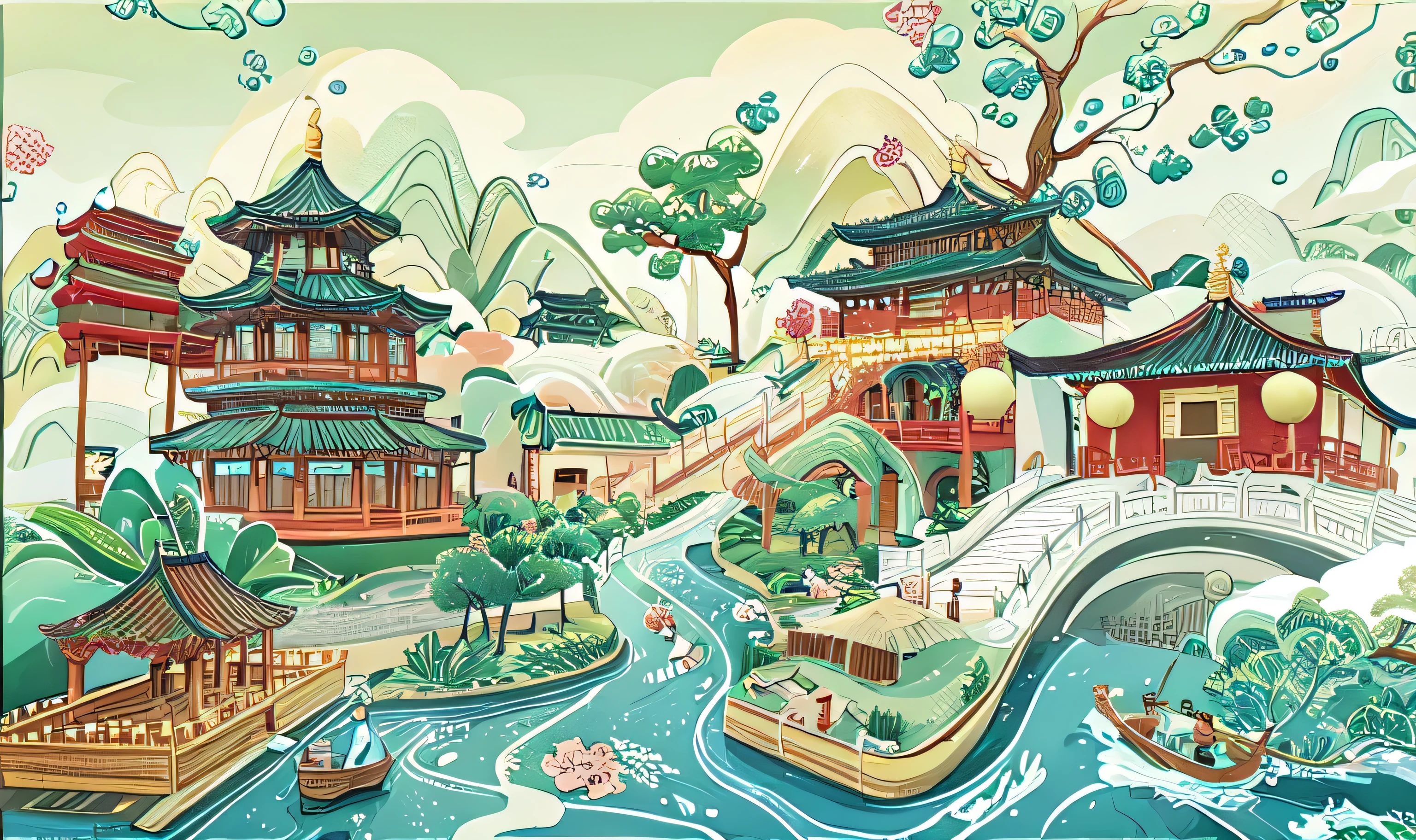 Illustration of Chinese village with bridge and boats, ancient chinese art style, Exquisite renderings of the Tang Dynasty, A beautiful artistic illustration, Dream China Town, Chinese style, Chinese painting style, Detailed Landscape - Width 672, Chinese watercolor style, landscape artwork, by Ren Renfa, Chinese traditional art, In line with ancient Chinese aesthetics, by Yan Hui，ships transporting tea，More tea elements。