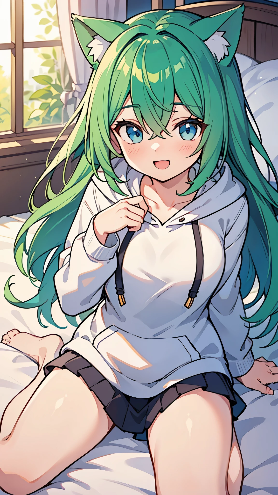 ((A Pretty girl with green hair and blue eyes lying on the bed)), ((wearing white hoodie)), ((cat ears)), Baby face, ((master piece, top-quality, ultra-definition, high resolution)), anime girl, ((ultra-detailed illust:1.2)), only one person, bangs, hair between eye, beautiful hair, Shiny eyes, Medium breasts, thighs, Big smile, opened mouth, in the bedroom