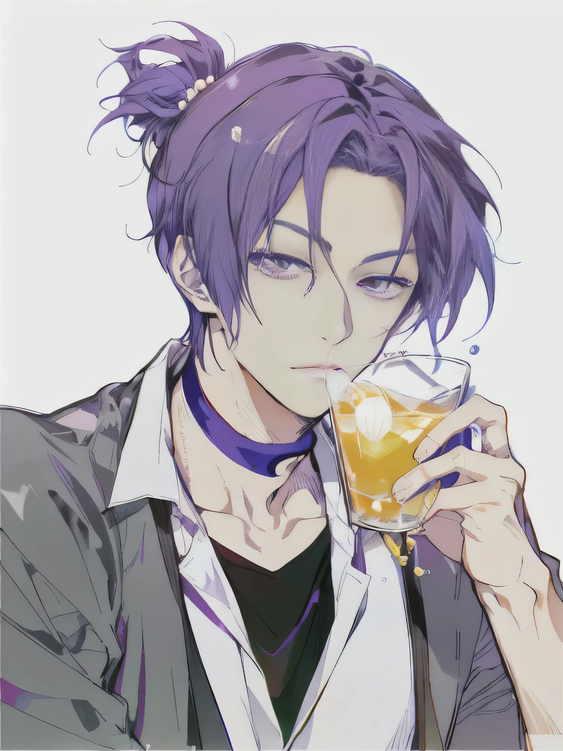 anime drawing of a man drinking a glass of orange juice, with a drink, purple drank, holding a drink, hajime yatate, is ((drinking a cup of tea)), 2 d anime style, shigenori soejima illustration, jojo anime style, anime moe artstyle, kuvshinov, drinking beer, in an anime style,boy,handsome