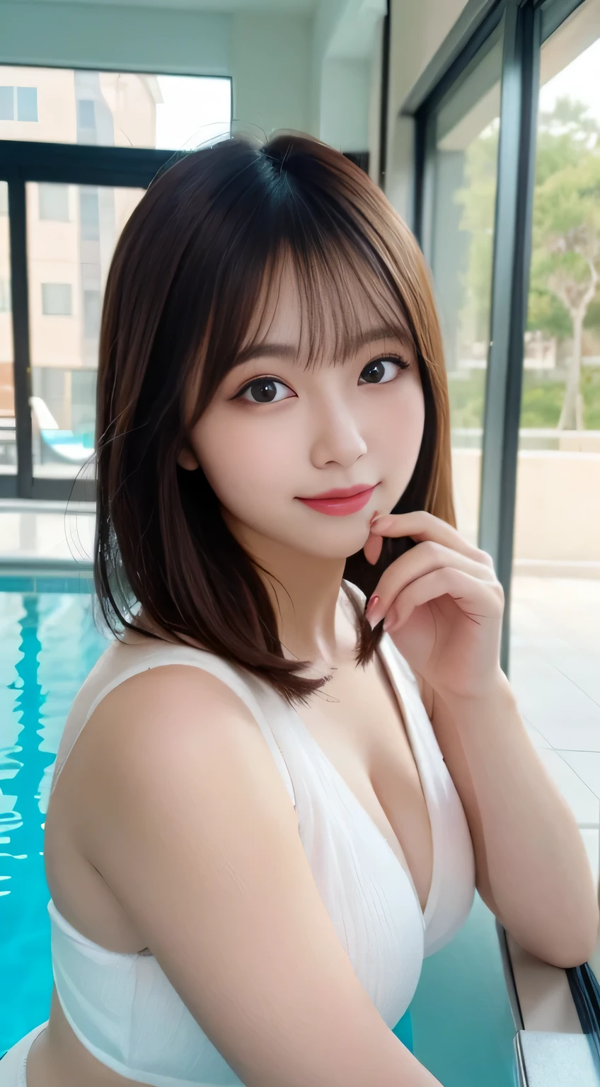 table top, highest quality, shape, Super detailed, finely, High resolution, 8k wallpaper, 完璧なダイナミックな構shape, beautiful and detailed eyes, white fluffy winter clothes,medium hair,,natural color lip, bold sexy pose,smile,mansion(room,but)、20 year old girl、cute、sexy shot looking at camera,perfect and beautiful face and fingers,Take a close-up photo of your face,Take only the face、swimsuit, swimming、 Ocean、 sandy beach、whole body