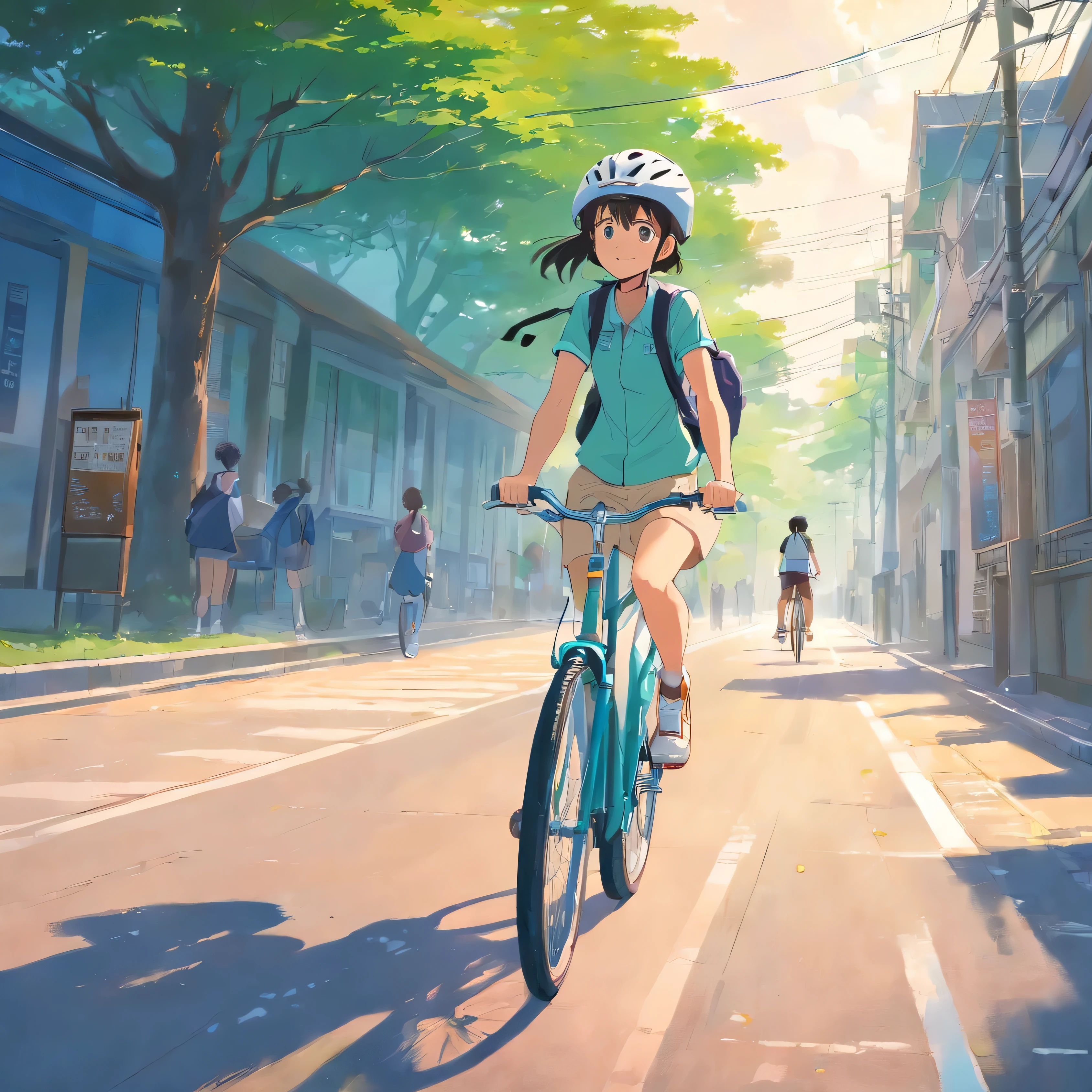 (masterpiece:1.1), (highest quality:1.1),A student wearing a helmet and riding a bicycle to school