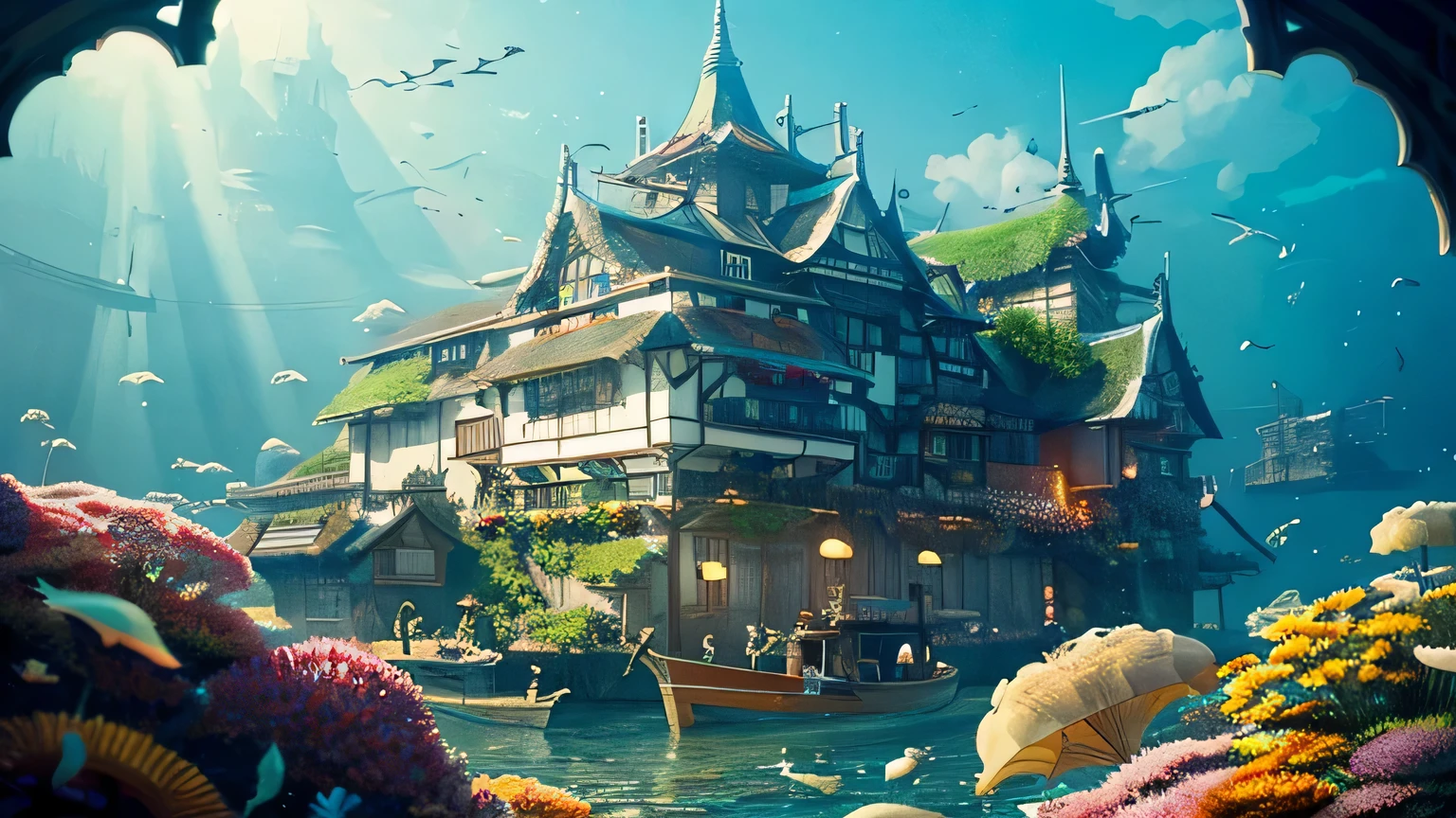 colony: 1.2), (Hayao Miyazaki), (Irregular buildings floating in the sea), patchwork cottage, Floral decoration, coral, light, Concept art inspired by Andreas Rocha, Art Station Contest Winner, fantasy art, (City in the Sky), The Tran, lightシャフト, realistic lighting, masterpiece, high quality, beautiful graphics, high detail, masterpiece, high quality, beautiful graphics, high detail,