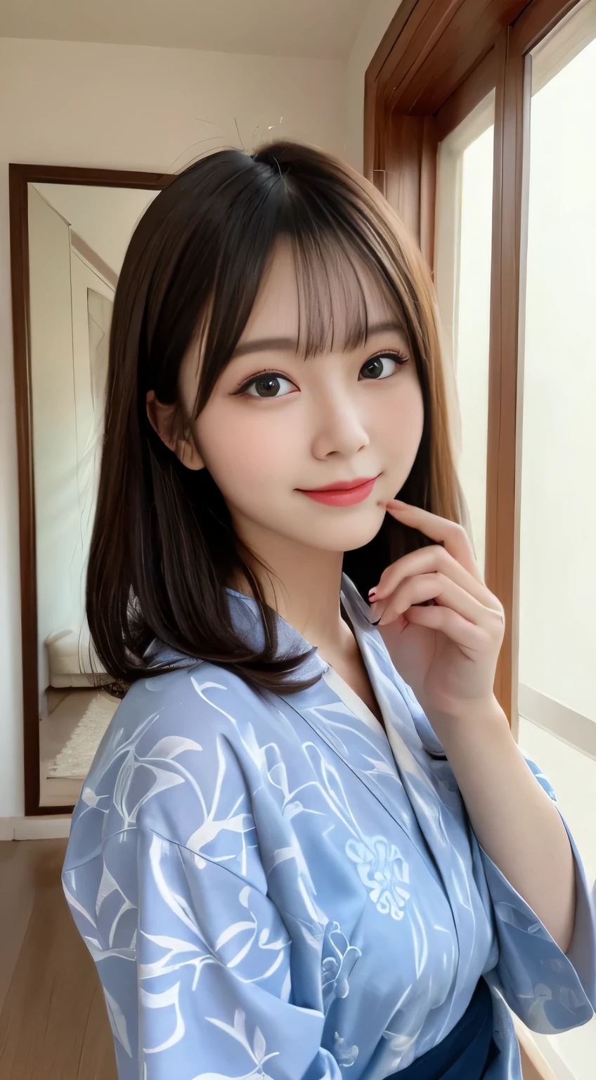 table top, highest quality, shape, Super detailed, finely, High resolution, 8k wallpaper, 完璧なダイナミックな構shape, beautiful and detailed eyes, white fluffy winter clothes,medium hair,,natural color lip, bold sexy pose,smile,mansion(room,but)、20 year old girl、cute、sexy shot looking at camera,perfect and beautiful face and fingers,Take a close-up photo of your face,Take only the face、yukata、