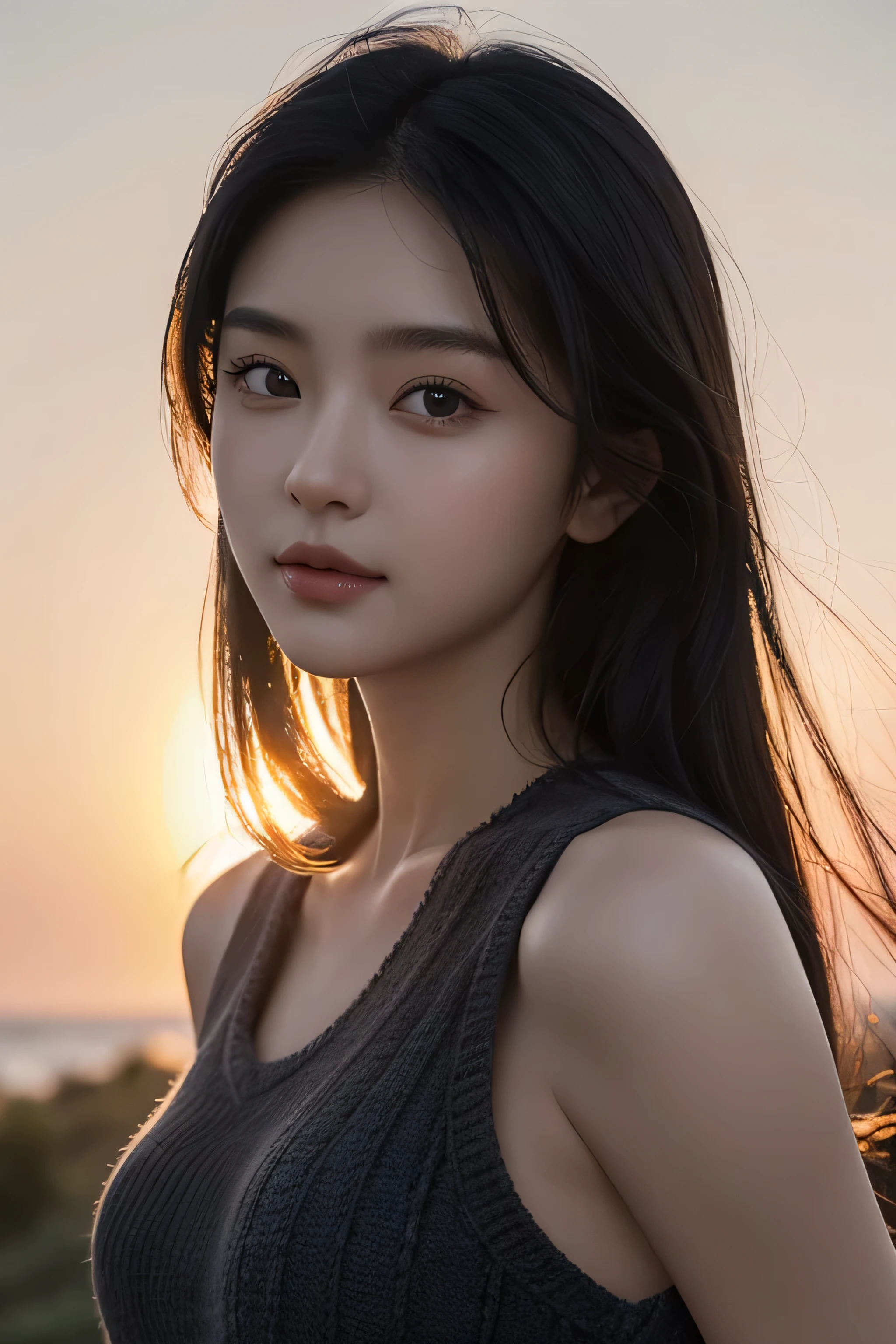 (best quality,masterpiece:1.3,ultra high resolution,super detailed,Caustics,16k,lifelike:1.4,Original photography,portrait,Waist-length photos,Face focus),(front Photo:1.1),korean girl,1 person,20 years old,big bright eyes,Moderate,Lovely,Smiling and looking at the camera,beautiful brunette,Round shoulders,thin waist,Knitted vest,sunset sky,soft light,Natural light
