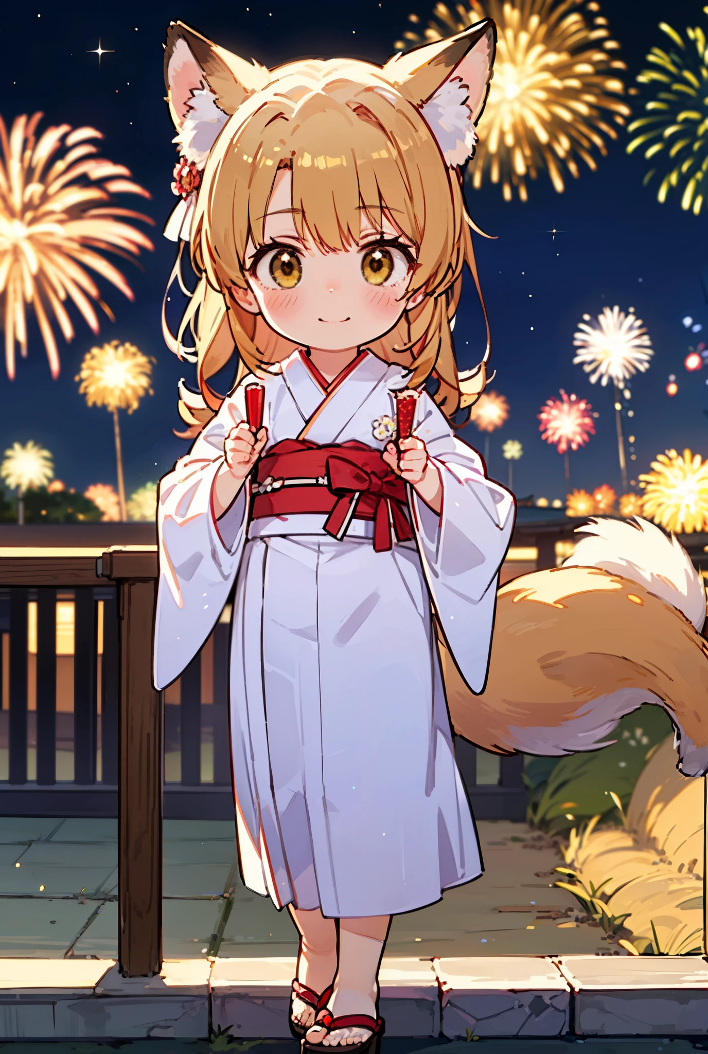 irohaisshiki, Isshiki Iroha, long hair, brown hair, (brown eyes:1.5), smile,animal ears　fox ears,animal caudal fin　fox tail,flower hair ornament,Yukata with yellow floral pattern,long skirt,Zori sandals,firework in the night sky,firework,The place is a firework display,Time is night,sunny day,So that the whole body is included in the illustration,
break outdoors, 神社
break looking at viewer,
break (masterpiece:1.2), highest quality, High resolution, unity 8k wallpaper, (figure:0.8), (beautiful deしっぽed eyes:1.6), extremely deしっぽed face, perfect lighting, extremely deしっぽed CG, (perfect hands, perfect anatomy),