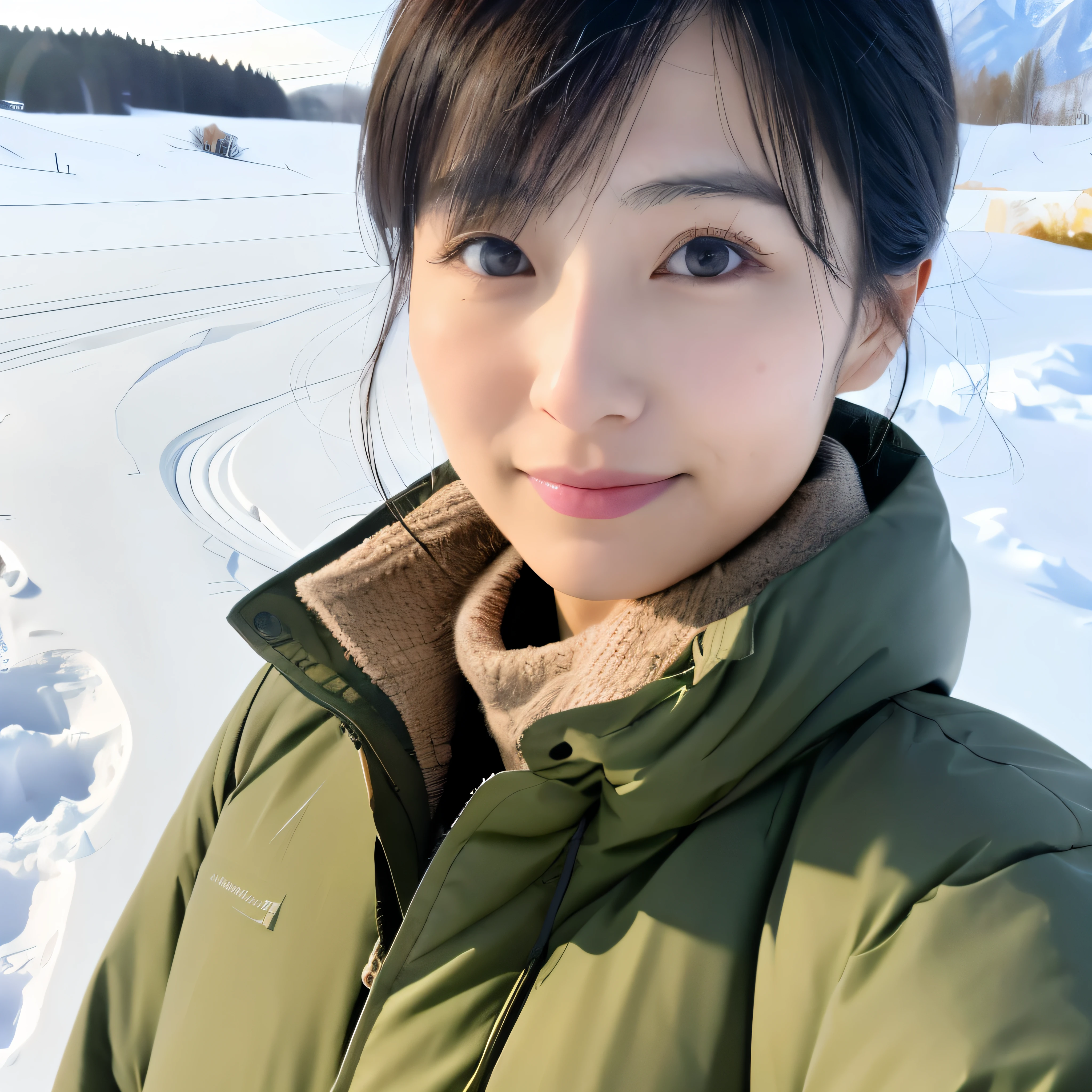 Adult Japanese woman Age 30 years old Height 165cm Weight 58kg V-line Short hair Thick eyebrows Natural makeup almond eyes snow field Down jacket ナチュラルメイク