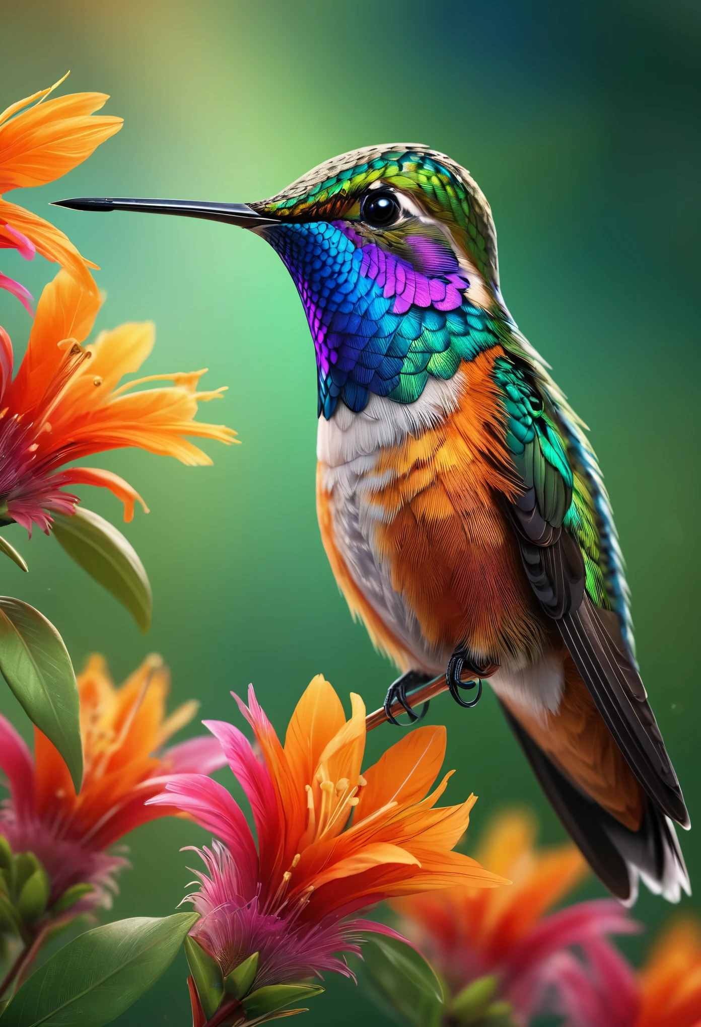 (best quality,4k,8k,highres,masterpiece:1.2),ultra-detailed,(realistic,photorealistic,photo-realistic:1.37),beautiful detailed hummingbird,detailed feathers,vibrant colors,natural background,close-up view,iridescent plumage,exquisite details,soft focus,high-definition rendering,breathtaking realism,professional photography,studio lighting