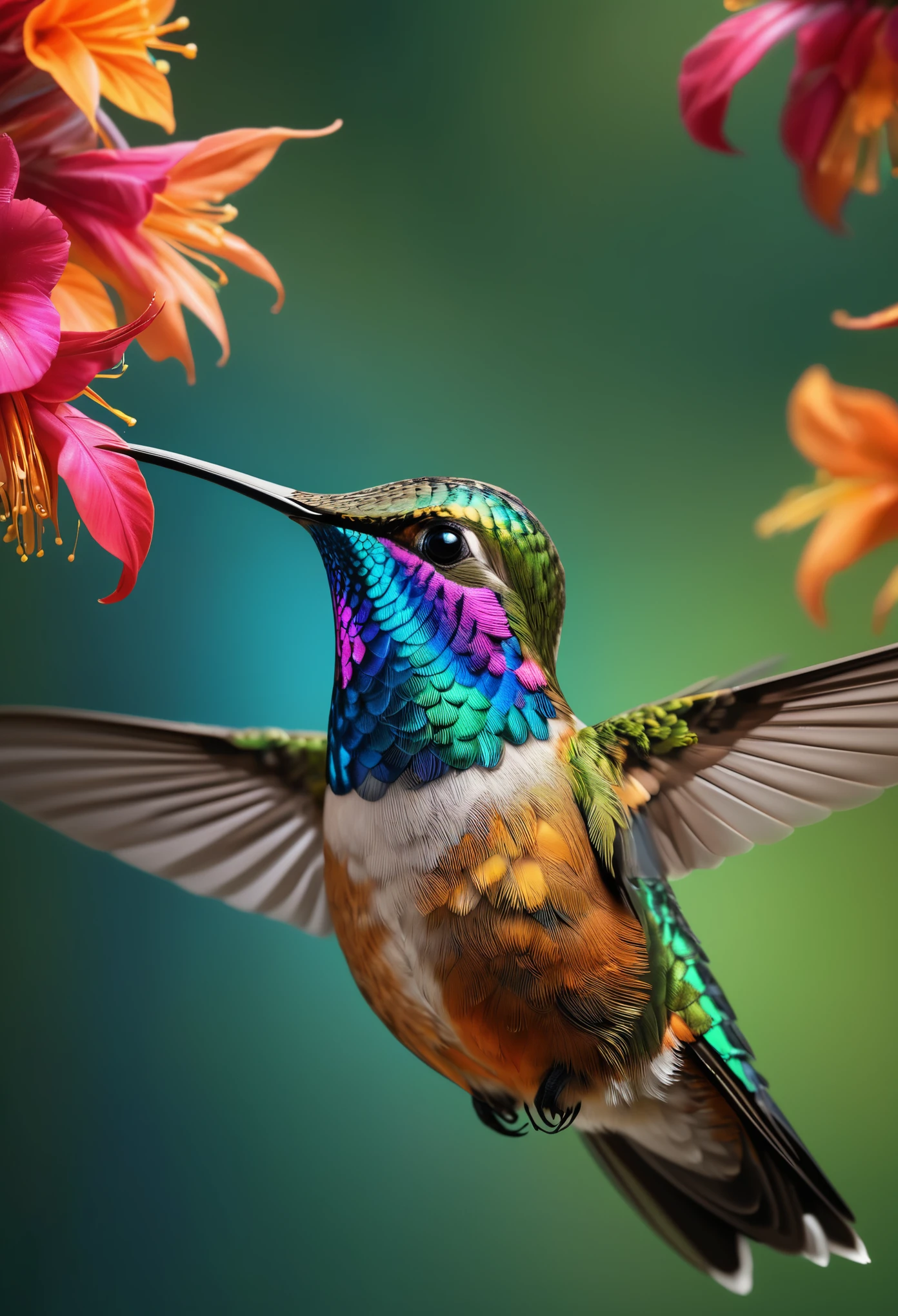 (best quality,4k,8k,highres,masterpiece:1.2),ultra-detailed,(realistic,photorealistic,photo-realistic:1.37),beautiful detailed hummingbird,detailed feathers,vibrant colors,natural background,close-up view,iridescent plumage,exquisite details,soft focus,high-definition rendering,breathtaking realism,professional photography,studio lighting