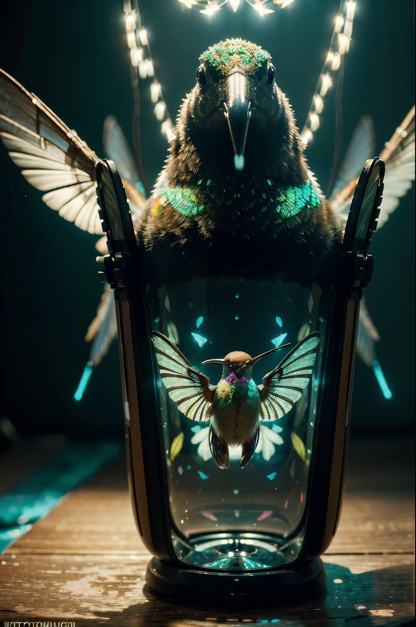 (best quality,highres,ultra-detailed),(realistic,photorealistic:1.37),mechanical hummingbird,plasma-sipping,fantastical,vivid colors,portraits,fluorescent flowers,light source,bokeh,surreal lighting,masterpiece:1.2