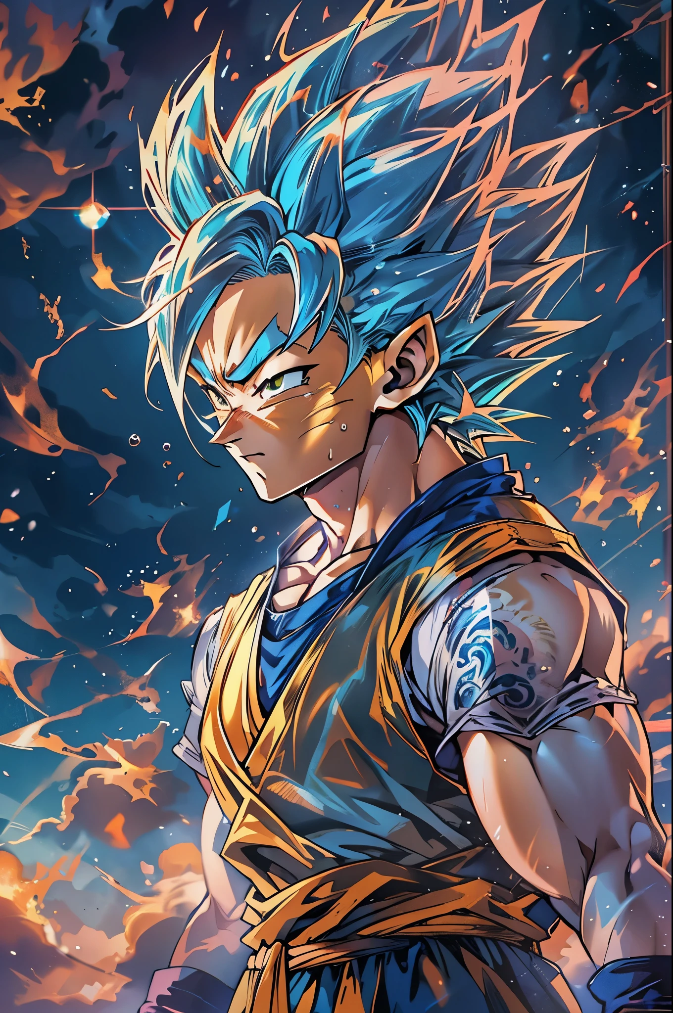 Dragon Ball、Sun Wukong、I'm sad、cool、cool、(((Super Super Saiyan)))、(((the flames are burning)))、universe、(((memorial、crying face)))、climax、Great、universe最強、8k、Highest image quality、Super detailed、Cosmo、Milky Way、Kamehameha、blue hair color