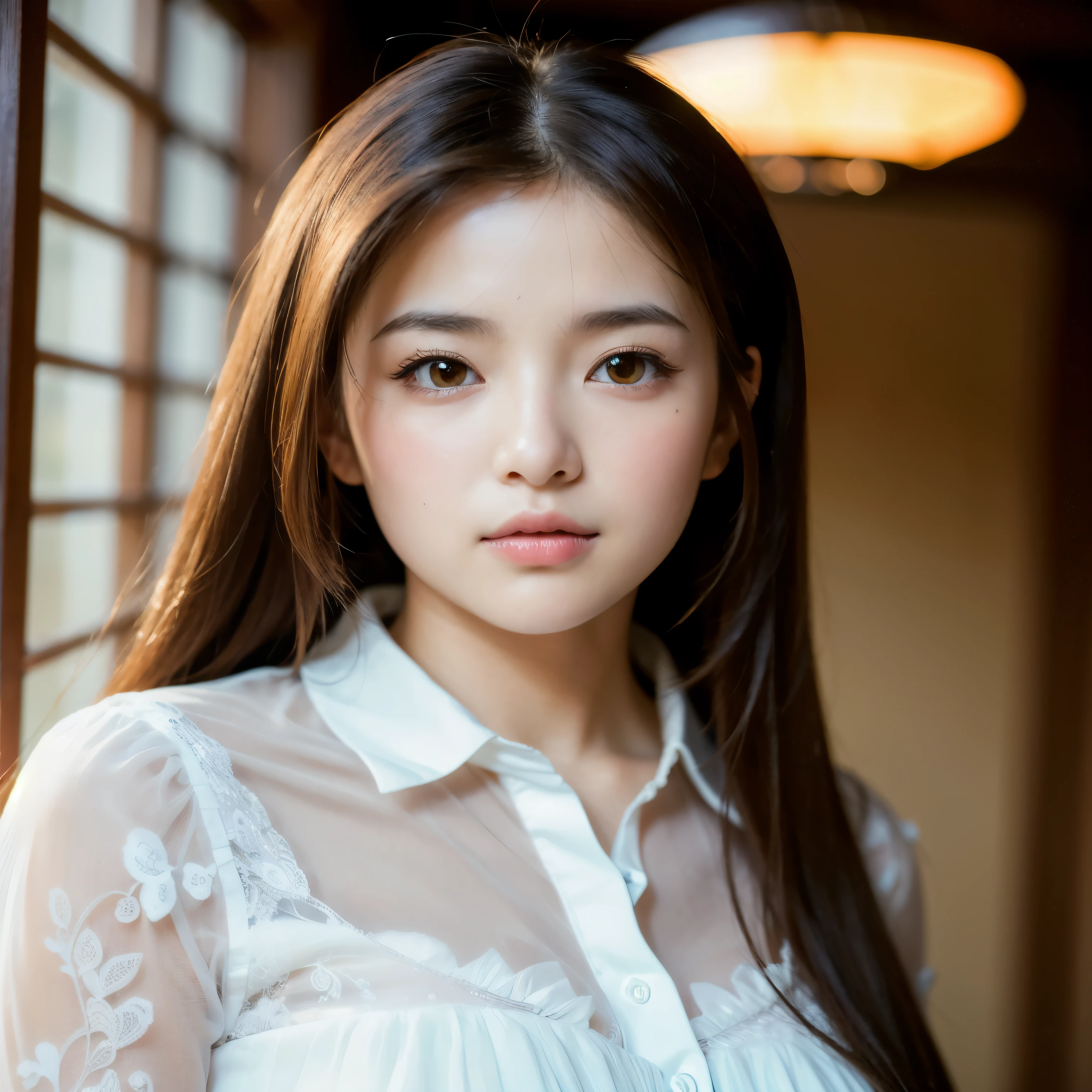 highest quality, face focus, soft light, ultra high resolution, (realistic:1.4), RAW photo,
1 Japanese girl, alone, cute, (pupil, There&#39;s a light in my eyes),  detailed beautiful face, (),(High resolution details of human skin texture),
(long hair),
indoor,
damask shirt dress,
(portrait)