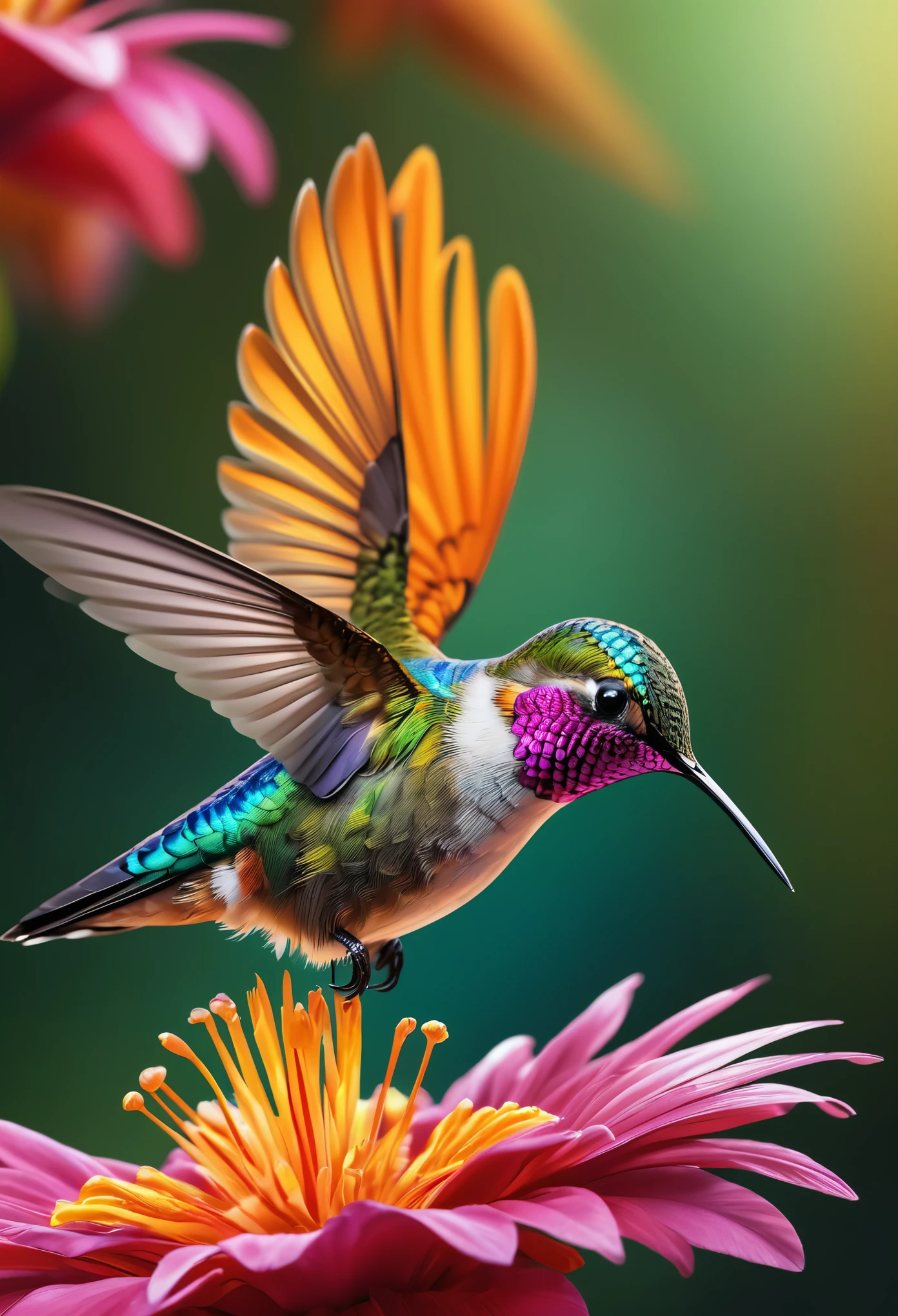 (best quality,4k,8k,highres,masterpiece:1.2),ultra-detailed,(realistic,photorealistic,photo-realistic:1.37),beautiful detailed hummingbird,detailed feathers,vibrant colors,natural background,close-up view,iridescent plumage,exquisite details,soft focus,high-definition rendering,breathtaking realism,professional photography,studio lighting