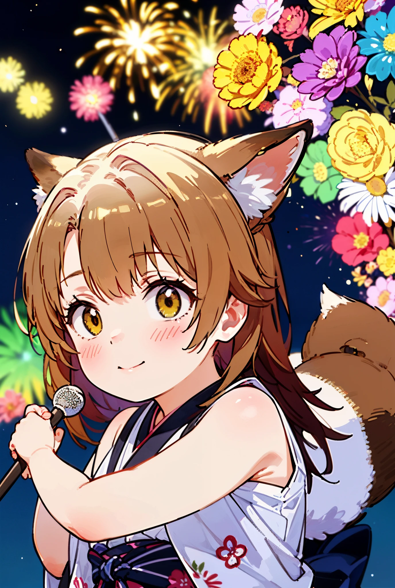irohaisshiki, Isshiki Iroha, long hair, brown hair, (brown eyes:1.5), smile,animal ears fox ears,animal caudal fin fox tail,flower hair ornament,Yukata with yellow floral pattern,long skirt,Zori sandals,firework in the night sky,firework,The place is a firework display,Time is night,sunny day,So that the whole body is included in the illustration,
break outdoors, 神社
break looking at viewer,
break (masterpiece:1.2), highest quality, High resolution, unity 8k wallpaper, (figure:0.8), (beautiful deしっぽed eyes:1.6), extremely deしっぽed face, perfect lighting, extremely deしっぽed CG, (perfect hands, perfect anatomy),