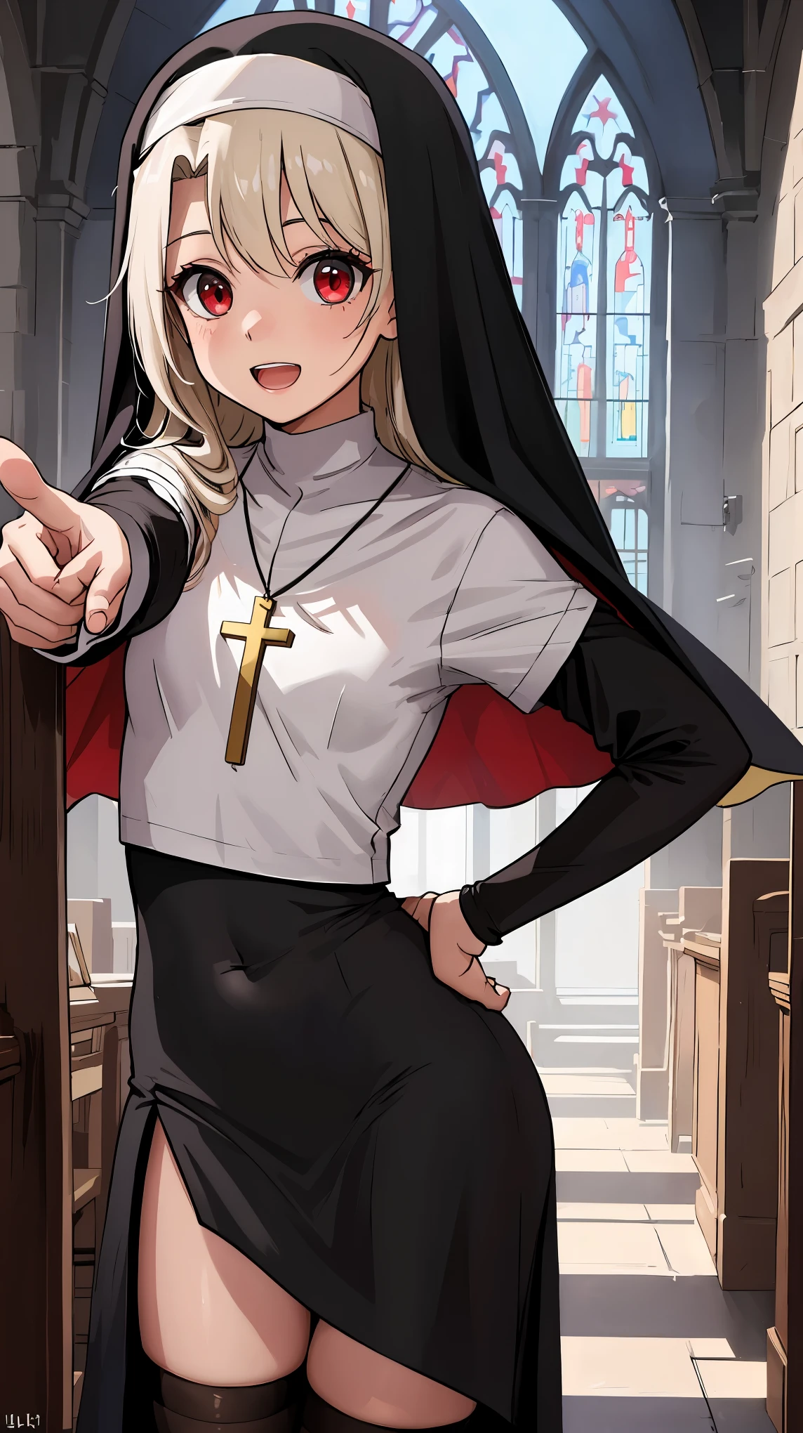 masterpiece, best quality, hyper detailed,((Pointing at you)) hand on hip,solo,1girl,(illyasviel von einzbern),loli,toddler,petite,cute face,infant,cream hair,red eyes,small breasts,(((happy))),open_mouth,(nun:1.4),white thighhigh,cross necklace,indoor,(cathedral background),