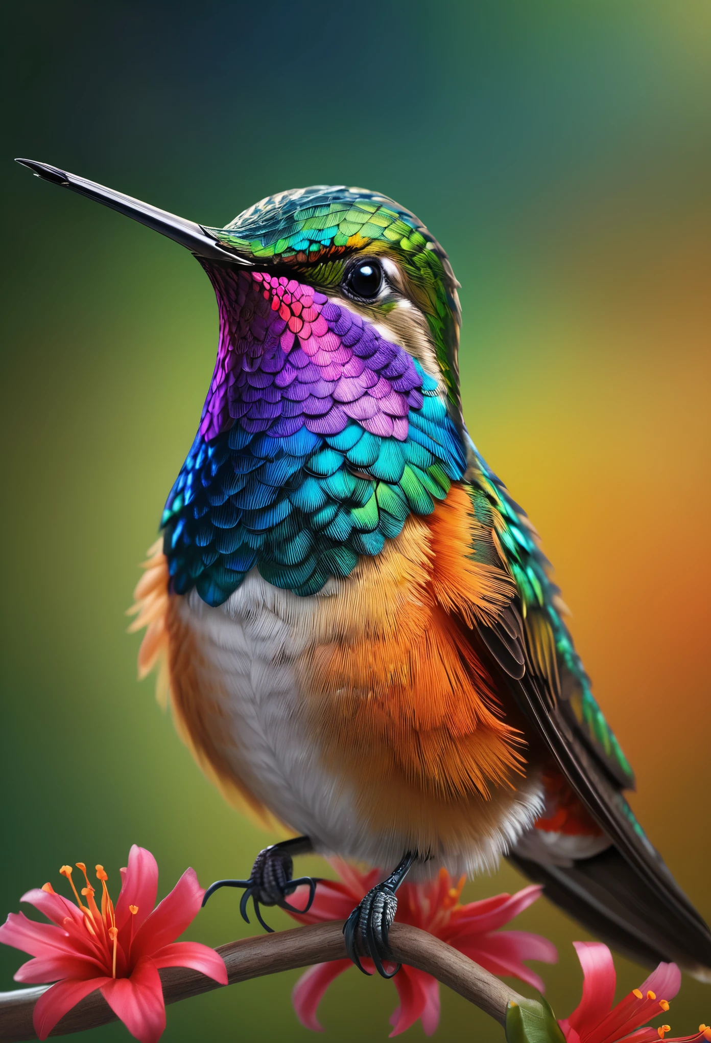 (best quality,4k,8k,highres,masterpiece:1.2),ultra-detailed,(realistic,photorealistic,photo-realistic:1.37),beautiful detailed hummingbird,detailed feathers,vibrant colors,natural background,close-up view,iridescent plumage,exquisite details,soft focus,high-definition rendering,breathtaking realism,professional photography,studio lighting
