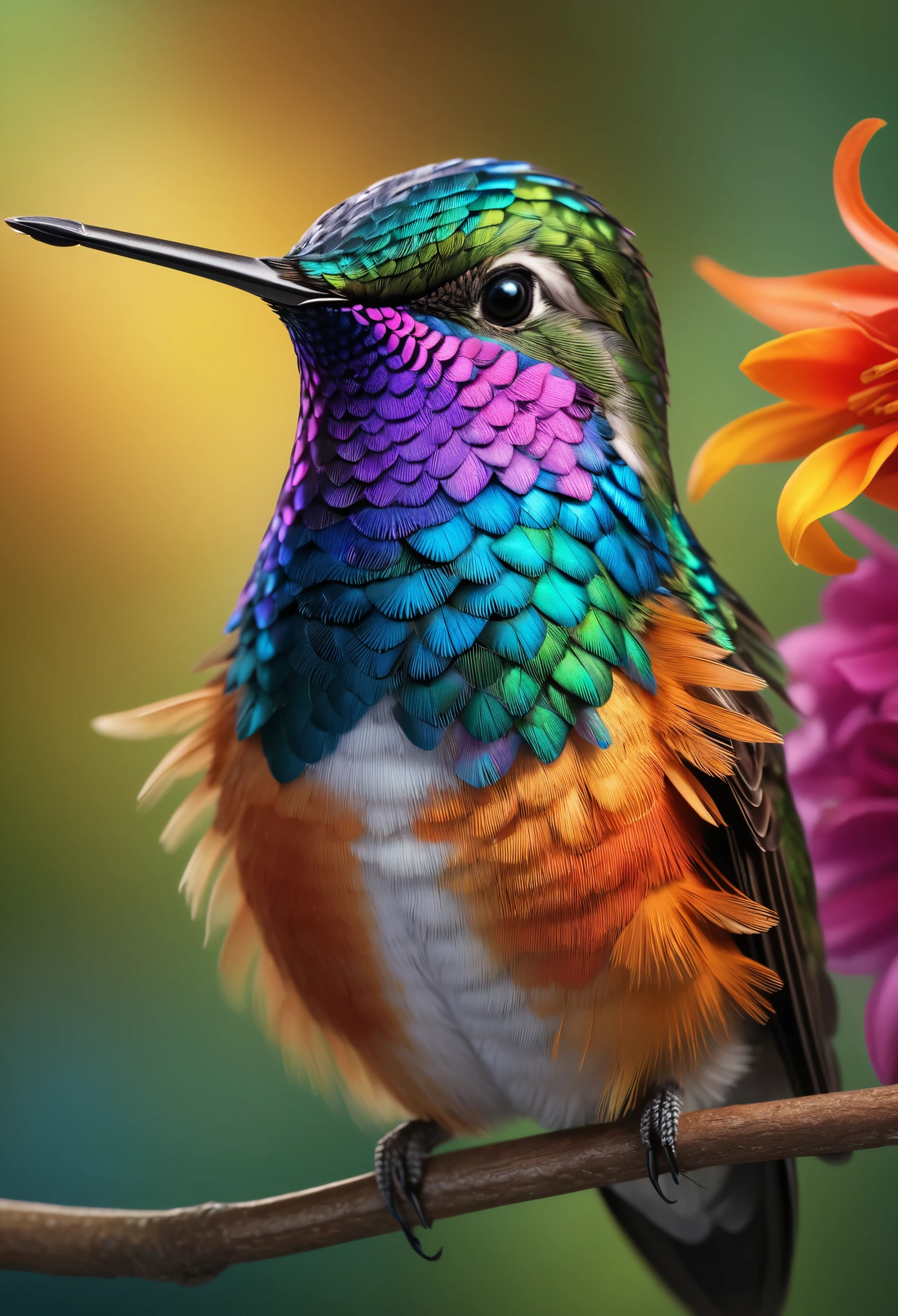 (best quality,4k,8k,highres,masterpiece:1.2),ultra-detailed,(realistic,photorealistic,photo-realistic:1.37),beautiful detailed hummingbird,detailed feathers,vibrant colors,natural background,close-up view,iridescent plumage,exquisite details,soft focus,high-definition rendering,breathtaking realism,professional photography,studio lighting