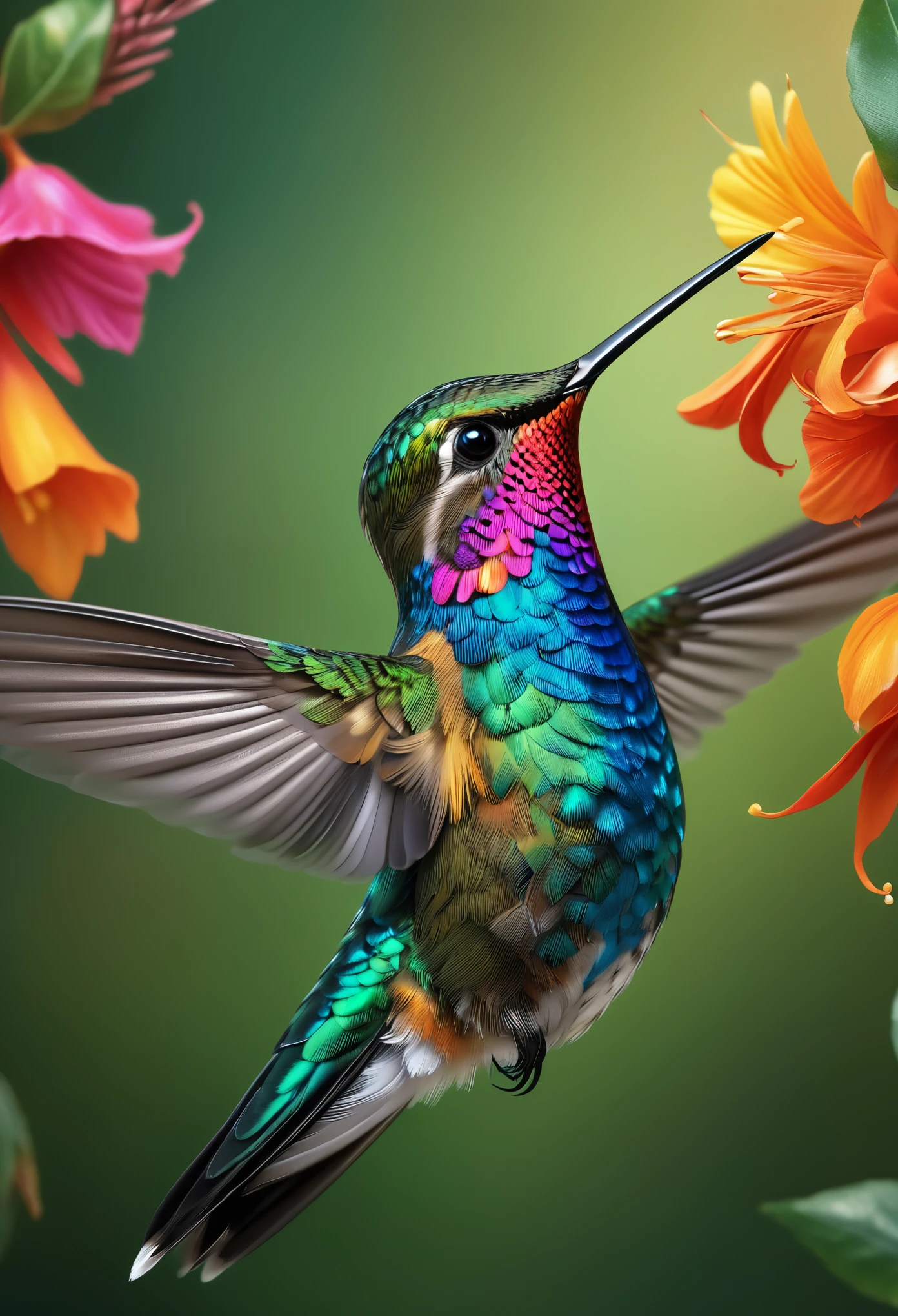 (best quality,4k,8k,highres,masterpiece:1.2),ultra-detailed,(realistic,photorealistic,photo-realistic:1.37),beautiful detailed hummingbird,detailed feathers,vibrant colors,natural background,close-up view,iridescent plumage,exquisite details,soft focus,high-definition rendering,breathtaking realism,professional photography,studio lighting