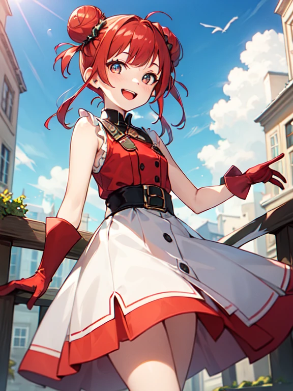 young girl(red hair, freckles, big eyes,), gloves, open mouth, double bun, looking at viewer, hair bun, solo, bangs, red gloves, smile, dress, outdoors, sunny, :d, sleeveless, standing