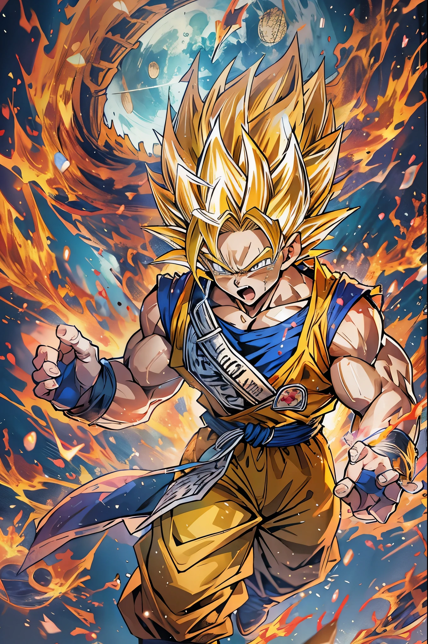 Dragon Ball、Sun Wukong、I&#39;m sad、cool、cool、(((Super Super Saiyan)))、(((the flames are burning)))、universe、(((memorial、crying face)))、climax、Great、universe最強、8k、Highest image quality、Super detailed、Cosmo、Milky Way、Kamehameha、blue hair color