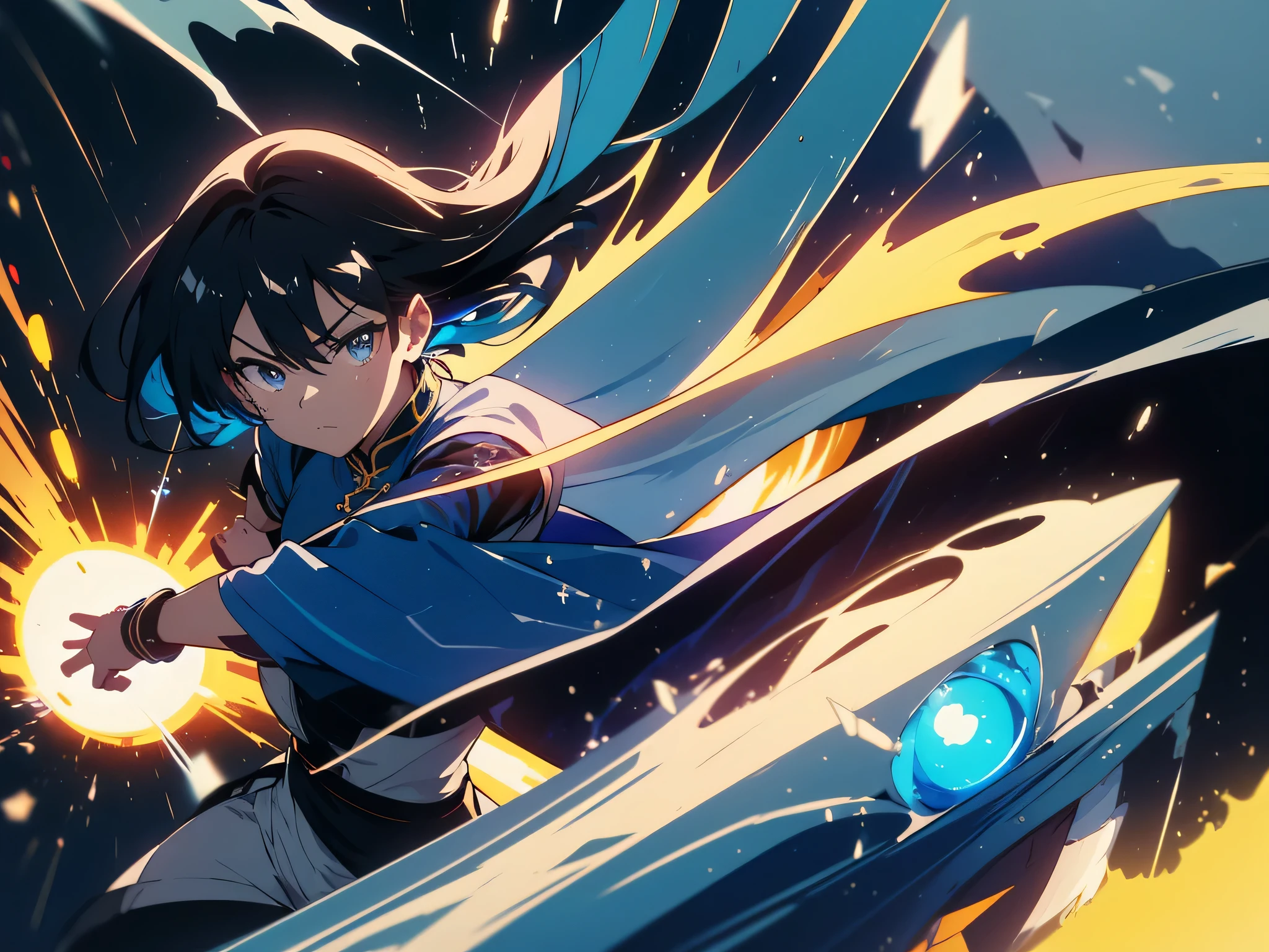 (Kamehameha)、(((masterpiece、highest quality))),16k,(1 young man,black hair,brave look),(expensive、cool boy)、(shining eyes)、(Spread your feet shoulder-width apart、lower part'deep waist、Shout and put your hands together in front of me、Fires a blue energy bullet forward while shouting..)、(The area around the young man is filled with blue energy..)、 shape, Earth, space,,(chinese combat uniform)、(Blue effect)、action、beautiful anime