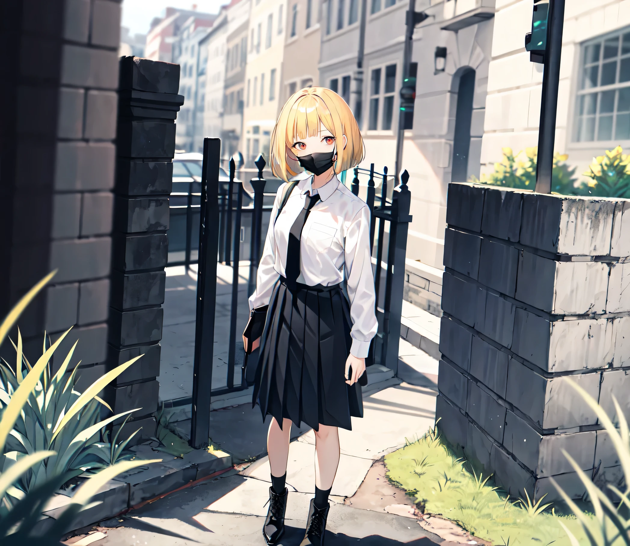 1 woman, skirt, alone, necktie, Black Mask, shirt, outdoors, mouth mask, black skirt, grass, white shirt, black necktie, Short hair, blonde hair, blonde-based red gradient hair, looking at viewer, black shoes, collared shirt, hazy, Boots, hazy background, standing, blunt bangs, long sleeves, bob cut, orange hair, whole body, Black socks, afternoon, shirt tucked in, grassfield background