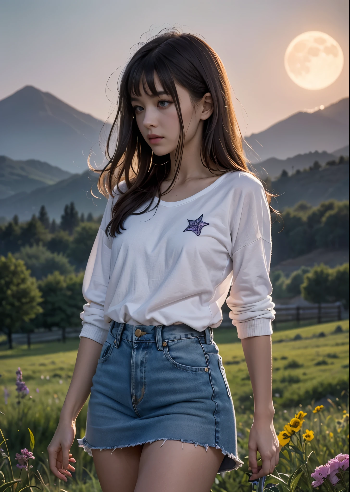 There is a woman standing in a meadow at dusk holding a spotted cat.、16 years old、cowboy shot、medium long hair、I have bangs、Jeans on a t-shirt、sweater and long skirt、look here、There are purple and pink flowers around.、There is a farmhouse a little far away.、A small moon rises between the distant mountains、There are many stars shining in the night sky、Emotional、perfect lighting、sharp focus、High definition、High level image quality、High color rendering、High resolution、surreal、Photoreal
