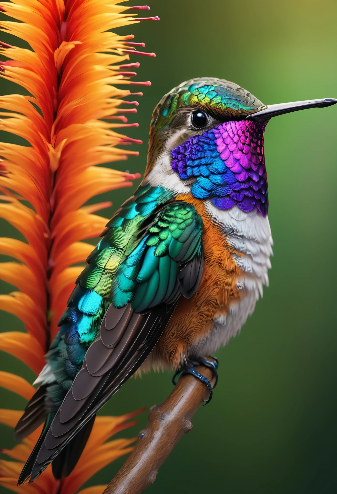(best quality,4k,8k,highres,masterpiece:1.2),ultra-detailed,(realistic,photorealistic,photo-realistic:1.37),beautiful detailed hummingbird,detailed feathers,vibrant colors,natural background,close-up view,iridescent plumage,exquisite details,soft focus,high-definition rendering,breathtaking realism,professional photography,studio lighting