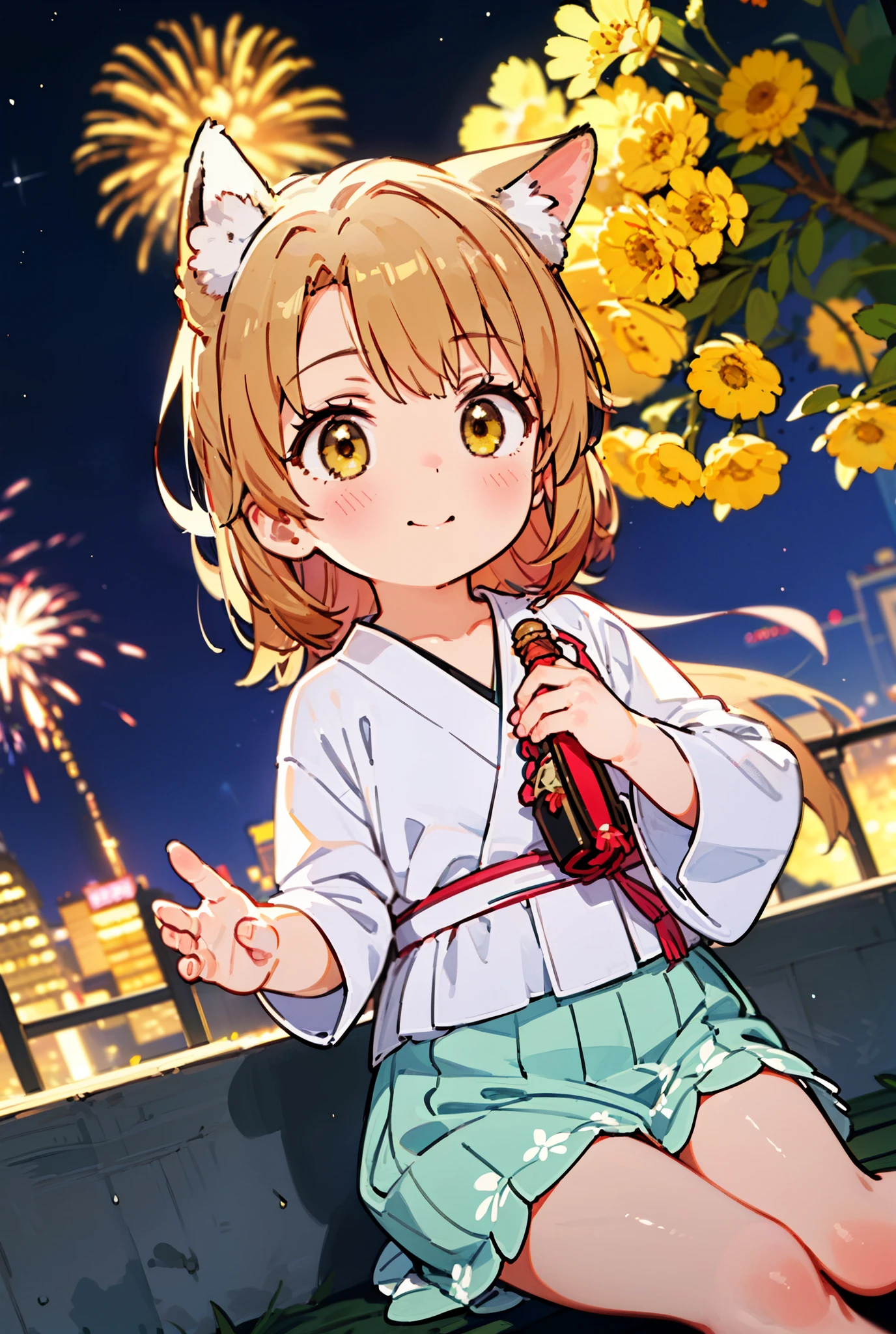 irohaisshiki, Isshiki Iroha, long hair, brown hair, (brown eyes:1.5), smile,animal ears fox ears,animal caudal fin fox tail,flower hair ornament,Yukata with yellow floral pattern,long skirt,Zori sandals,firework in the night sky,firework,The place is a firework display,Time is night,sunny day,So that the whole body is included in the illustration,
break outdoors, 神社
break looking at viewer,
break (masterpiece:1.2), highest quality, High resolution, unity 8k wallpaper, (figure:0.8), (beautiful deしっぽed eyes:1.6), extremely deしっぽed face, perfect lighting, extremely deしっぽed CG, (perfect hands, perfect anatomy),
