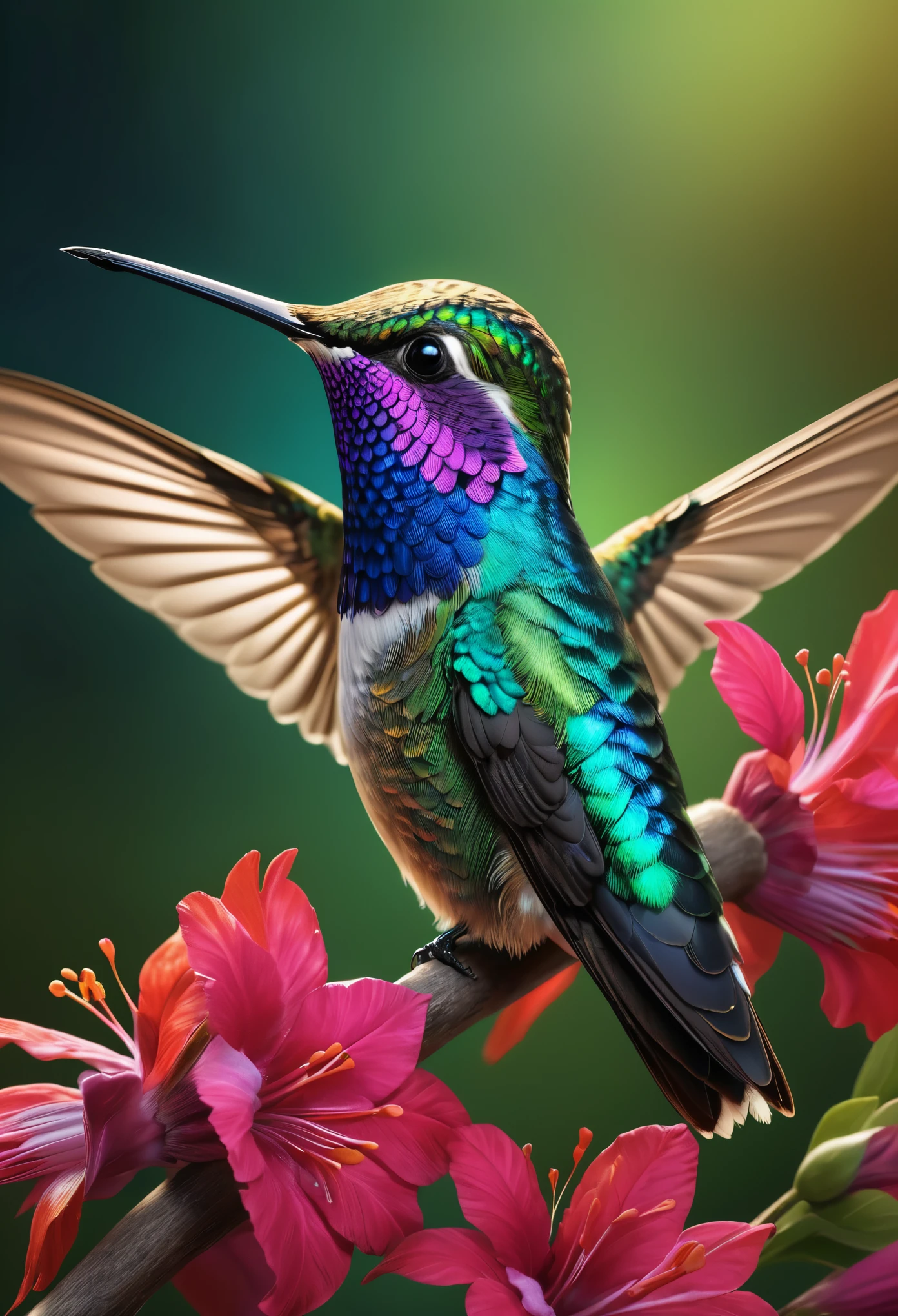 (best quality,4k,8k,highres,masterpiece:1.2),ultra-detailed,(realistic,photorealistic,photo-realistic:1.37),beautiful detailed hummingbird,detailed feathers,vibrant colors,natural background,close-up view,iridescent plumage,exquisite details,soft focus,high-definition rendering,breathtaking realism,professional photography,studio lighting