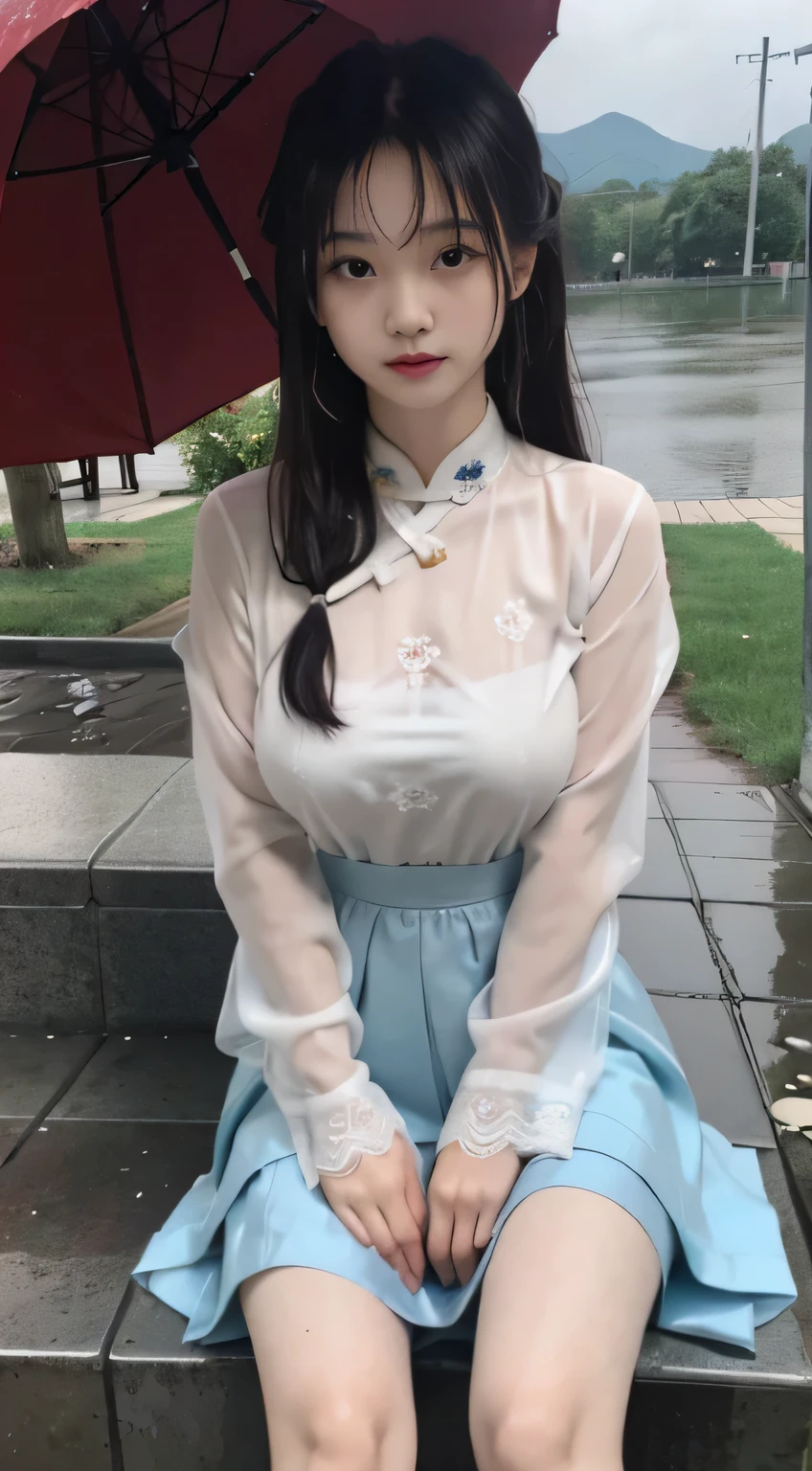 Master quality, highest quality, best picture quality hd 8k, exaggerated details, a godeess 8 year old dress moxin with a shy expression, slightly squinted eyes, adjusting her hair, long eyelashes (long hair / very, very exaggerated big breasts _ tits / in hanfu chinese thin silk qipao very wet body, thin cloth embossed pattern, short skirt), posing sit in front of the camera, wet throught rain, very wet body, thin cloth embossed pattern), posing sit in front of the camera, wet throught rain, wet silk lace under wear throught skin, thin cloth embossed pattern detaild lace