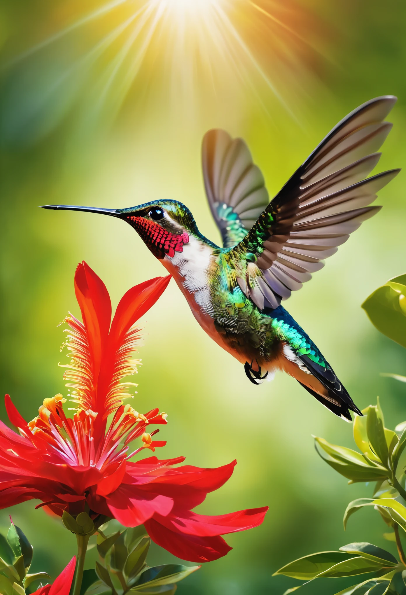 Create a vibrant image of a hummingbird hovering mid-air, its iridescent feathers catching the sunlight as it delicately sips nectar from a bright red flower. The hummingbird's wings should be blurred slightly to convey its rapid movement, while its slender beak and long tail should be intricately detailed. Surround the scene with lush green foliage and colorful blooms to evoke the vibrant atmosphere of a tropical garden