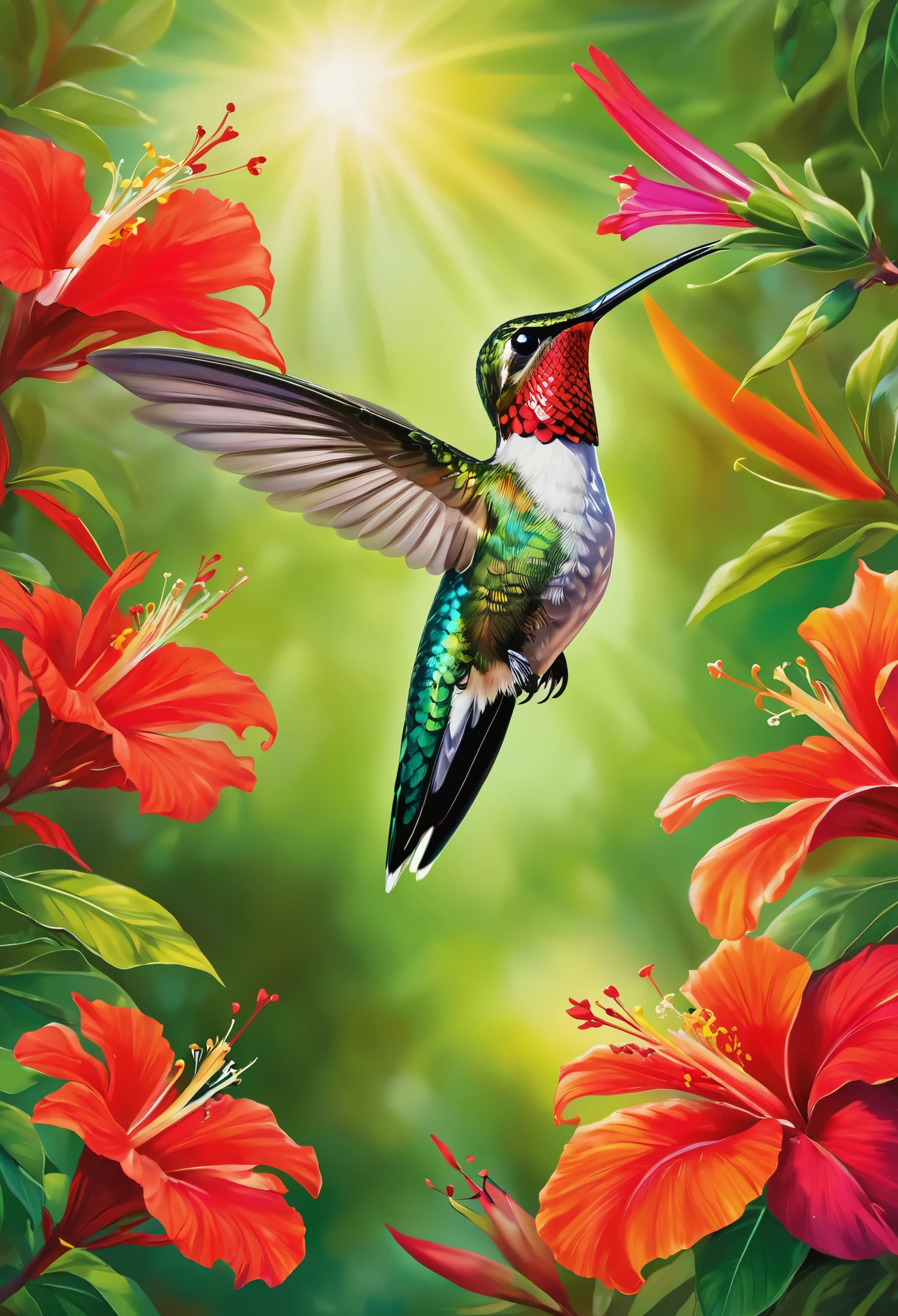 Create a vibrant image of a hummingbird hovering mid-air, its iridescent feathers catching the sunlight as it delicately sips nectar from a bright red flower. The hummingbird's wings should be blurred slightly to convey its rapid movement, while its slender beak and long tail should be intricately detailed. Surround the scene with lush green foliage and colorful blooms to evoke the vibrant atmosphere of a tropical garden