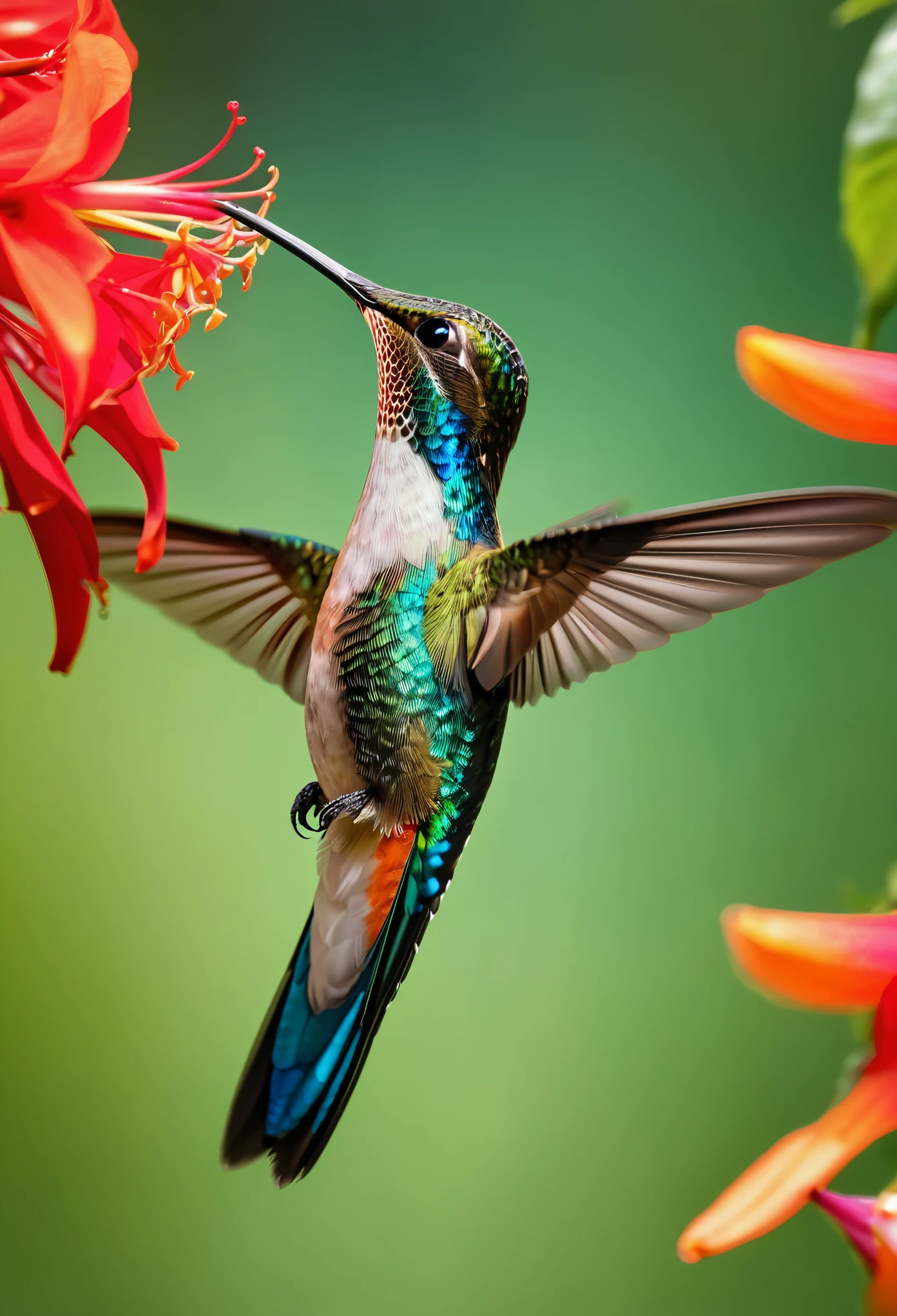 Generate an image of a vibrant hummingbird hovering mid-air, its iridescent feathers shimmering in the sunlight. The hummingbird should be delicately poised near a bright red trumpet vine, its long beak just dipping into one of the trumpet-shaped flowers. The background should be a blur of lush greenery, enhancing the tiny bird's stunning colors.
