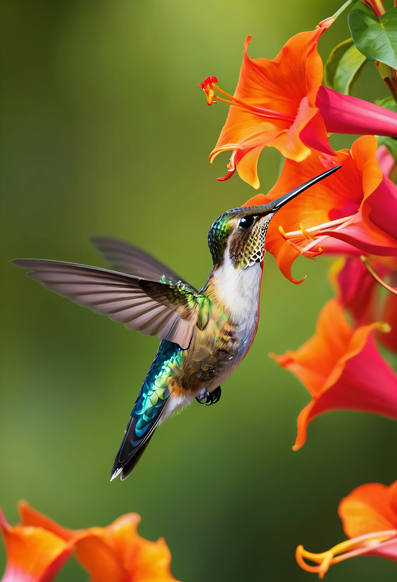 Generate an image of a vibrant hummingbird hovering mid-air, its iridescent feathers shimmering in the sunlight. The hummingbird should be delicately poised near a bright red trumpet vine, its long beak just dipping into one of the trumpet-shaped flowers. The background should be a blur of lush greenery, enhancing the tiny bird's stunning colors.